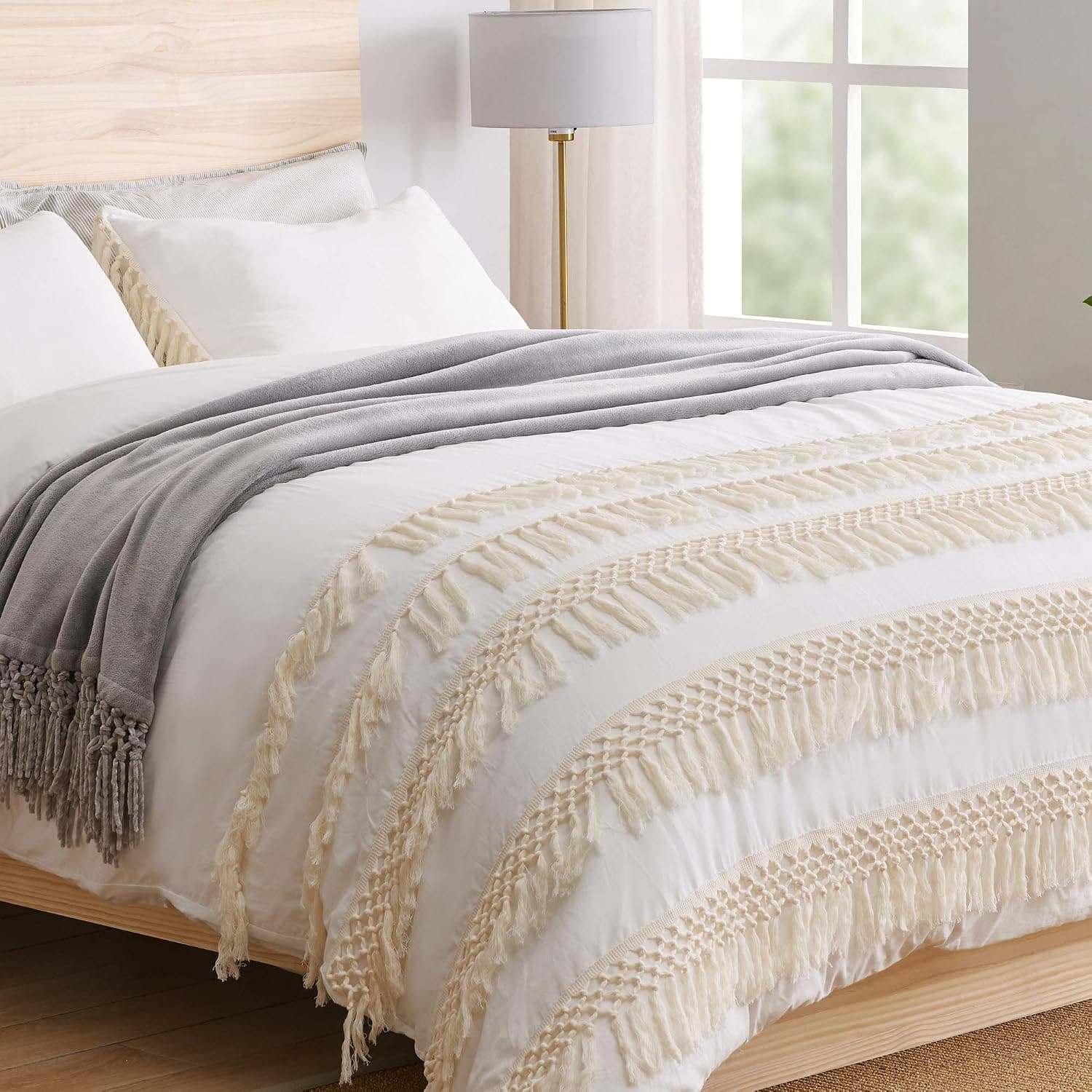 KB & Me Sweet JoJo Designs Minimalist Boho Chic Solid Ivory Cream Macrame Fringe Knotted Tassel Cotton Duvet Comforter Cover and Sham 3 pc. Off White Full/Queen Size Bedding Set Luxury College