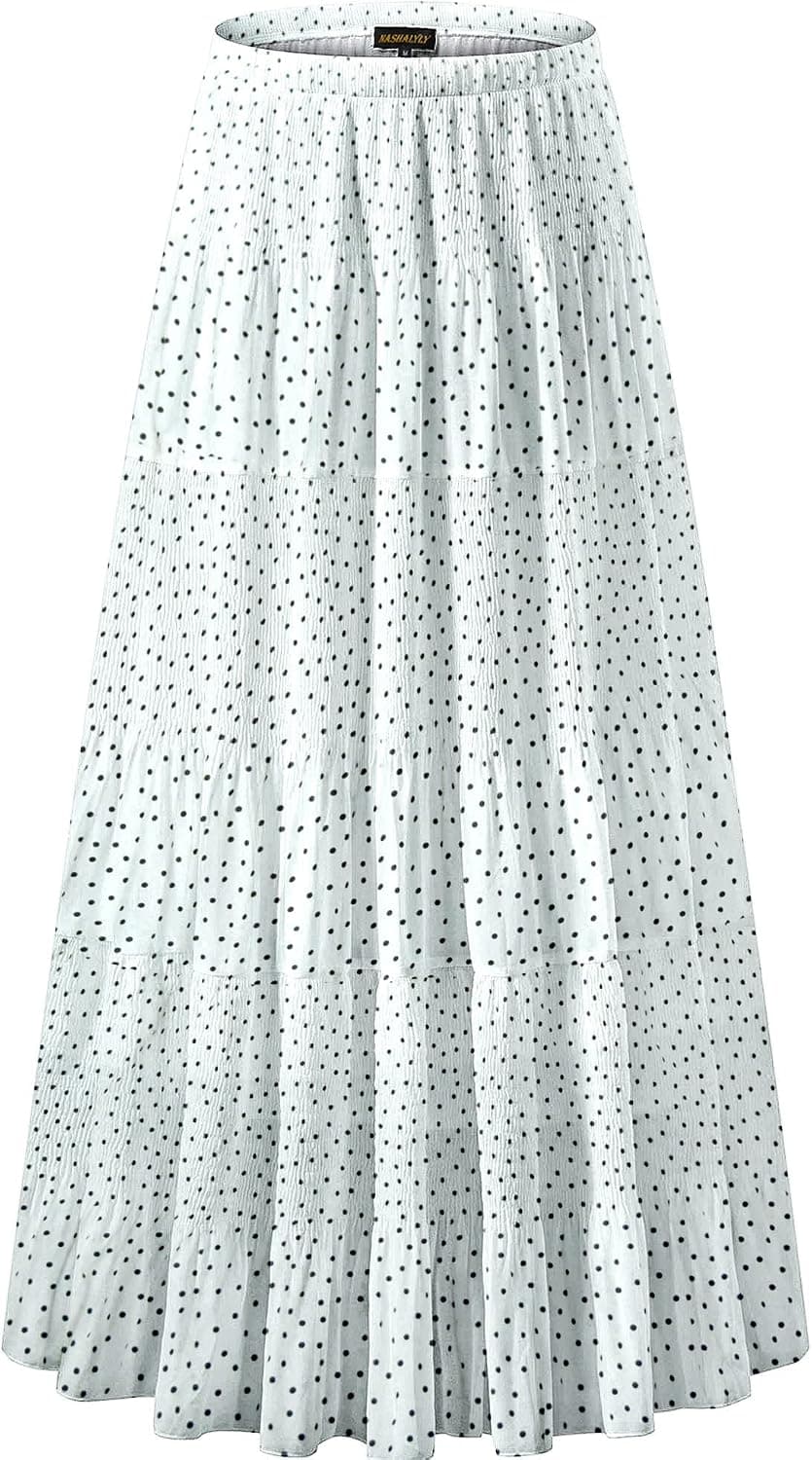 NASHALYLY Women's Chiffon Elastic High Waist Pleated A-Line Flared Maxi Skirts