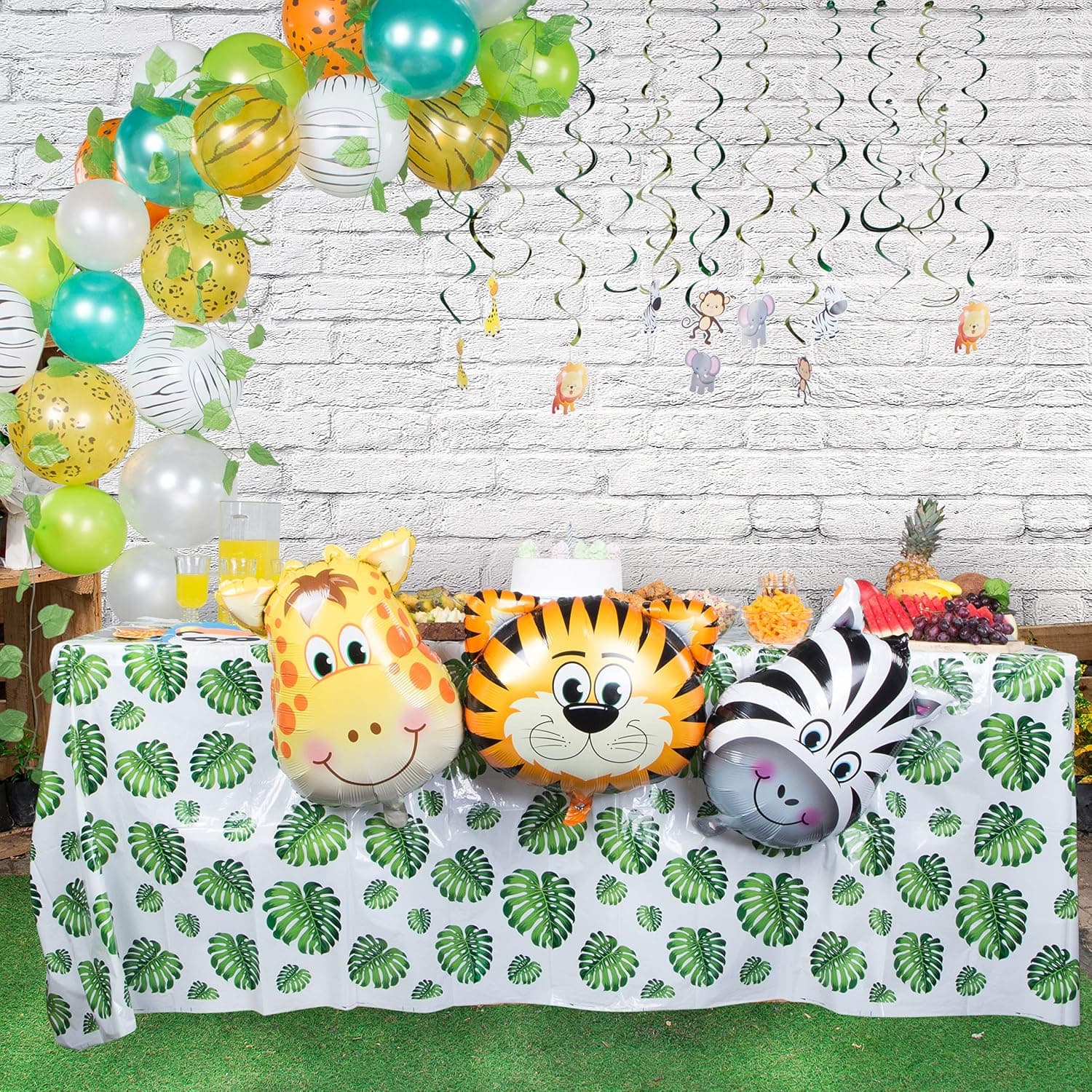 Party Helper Jungle Safari Theme Party Supply Kit - Premium Green Birthday Party Decorations For Boys and Girls - Includes Animal Balloons, Artificial Vines and Leaves, Tablecloth, Latex Balloons, Masks and More