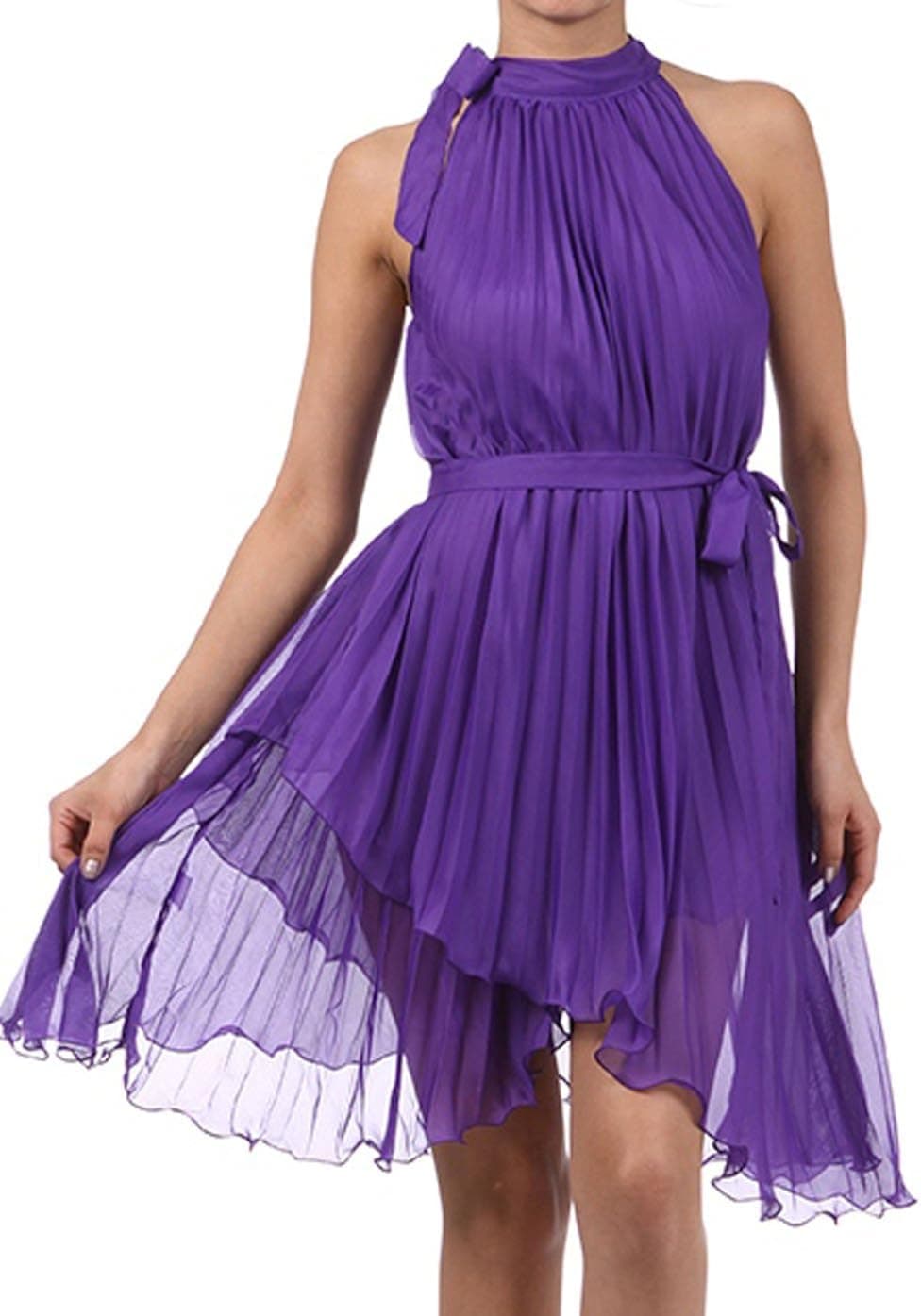 Asymmetrical Hem Pleated Short Sleeveless Dress in Semi-Opaque Solid Colors