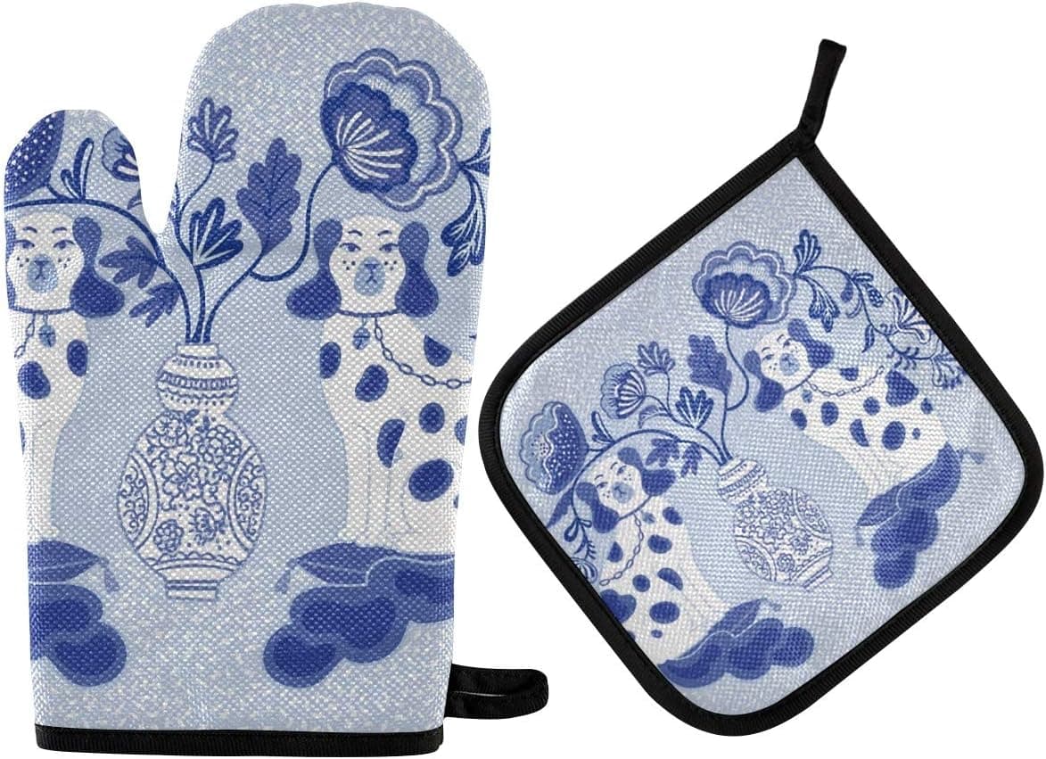 ATONO Staffordshire Dogs in Chinoiserie Style Blue and White Porcelain Oven Mitts & Potholders Stes Washable Non-Slip Insulated Hot Grilling Gloves for Kitchen Dining BBQ Baking Cooking