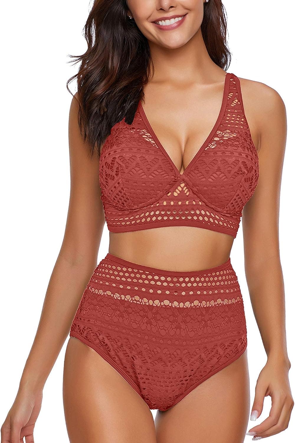 luvamia Women's Two Pieces Crochet Lace High Waist V Neck Bikini Set Swimsuit