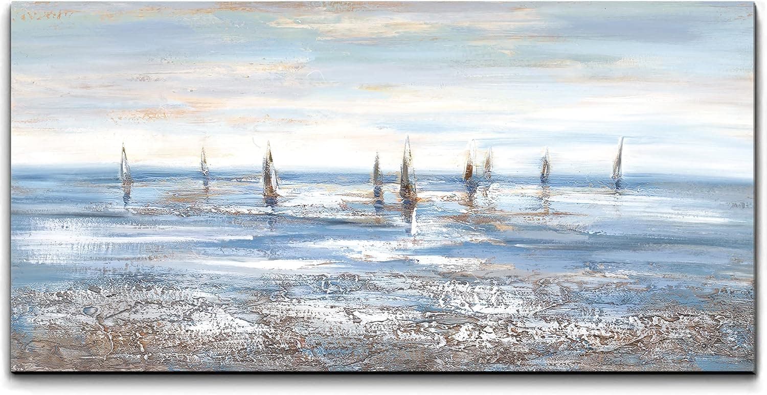 Seascape Canvas Wall Art Sailboat Abstract Ocean Sunrise Picture 3D Hand Painted Modern Landscape Painting Large Wall Decor for Living Room and Office Unframed 24x48 inch(60X120cm)