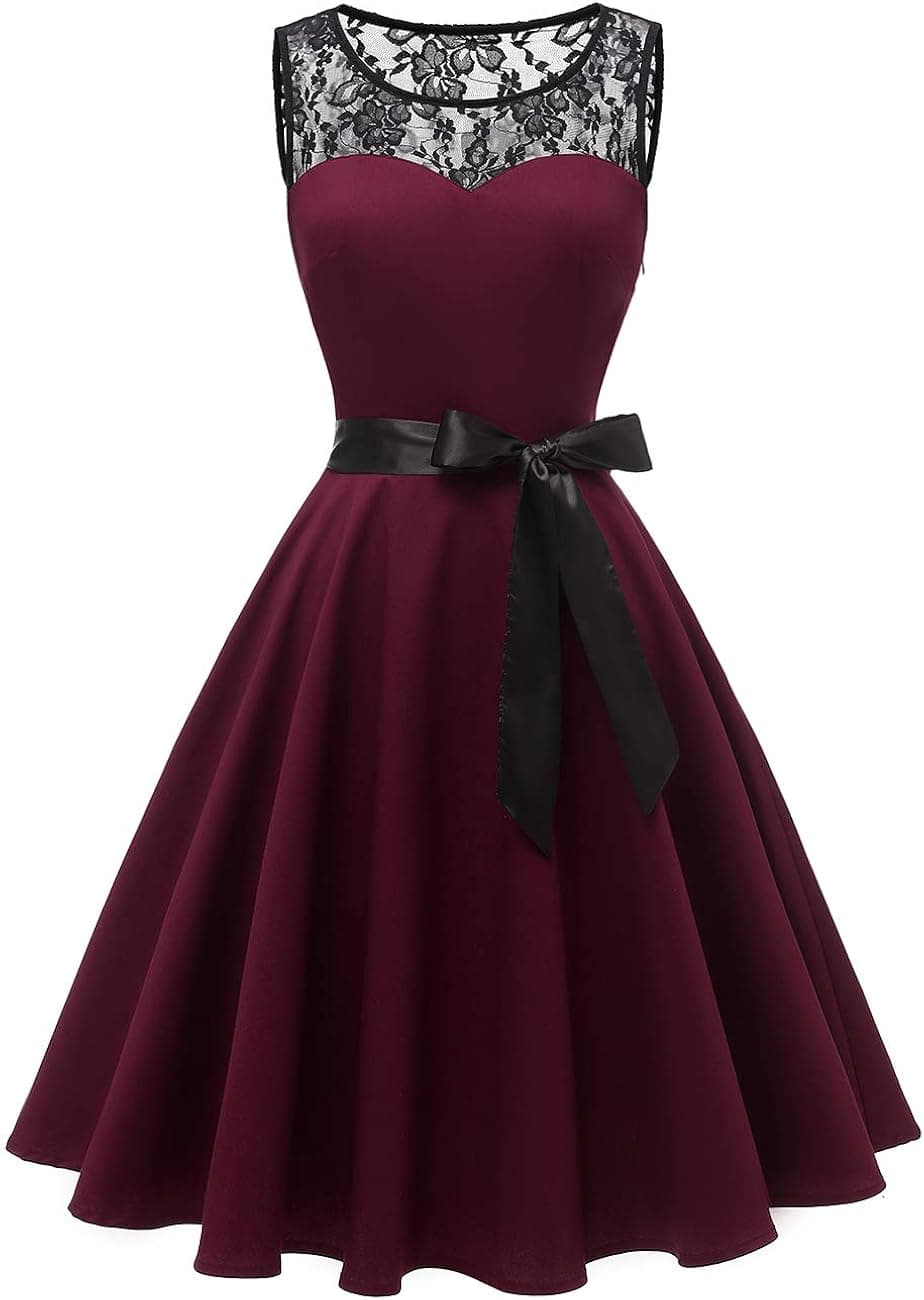 Kingfancy 50s Homecoming Dress, 1950 Cocktail Lace Vintage Dresses Crew Neck Prom Midi Dresses