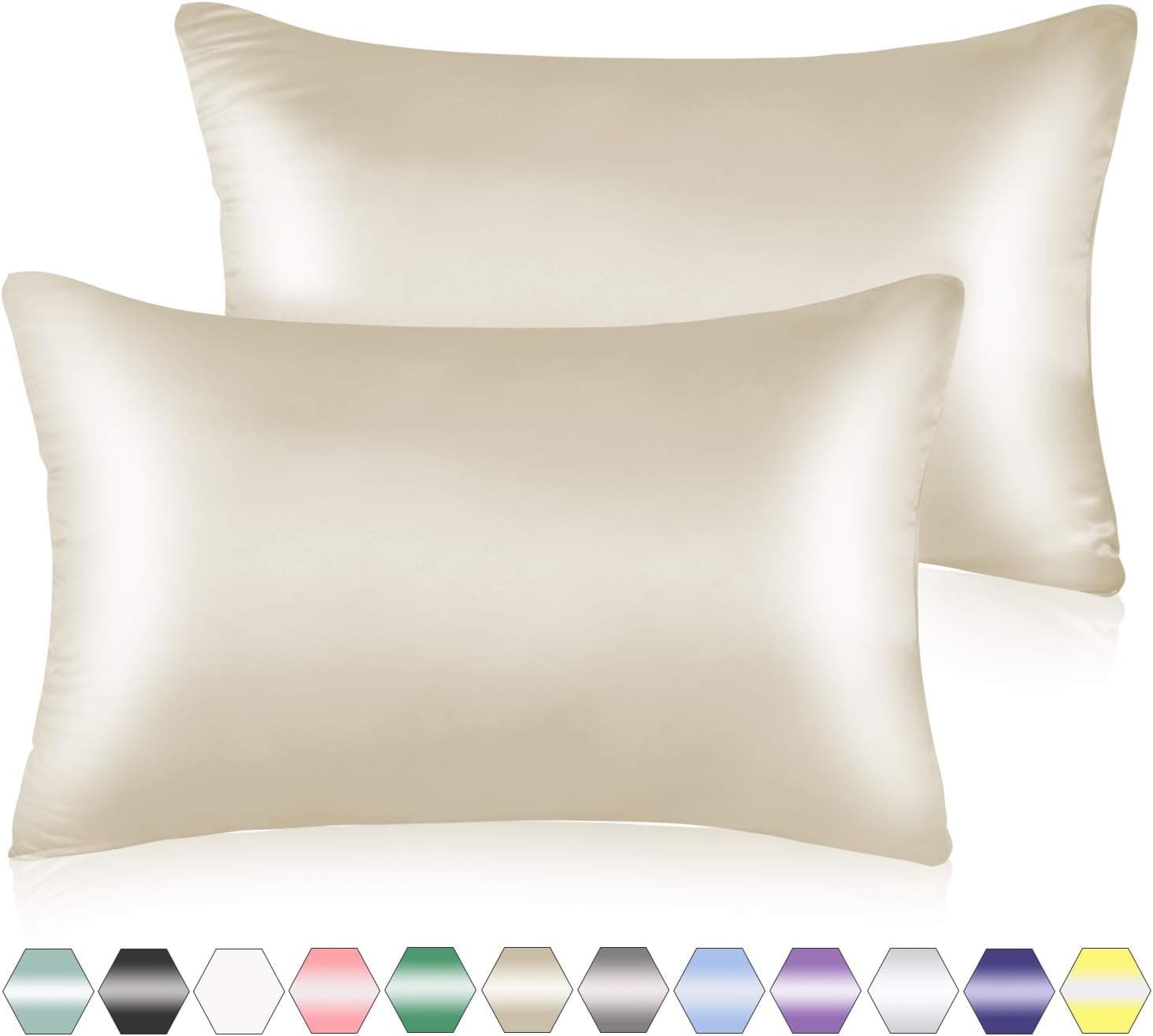 Muama 2 Pack Silk Silky Satin Pillowcases for Hair and Skin, Cool, Soft and Breathable Hidden Zipper Pillow Cases Cover【Queen（20x30 New Zipper Beige】