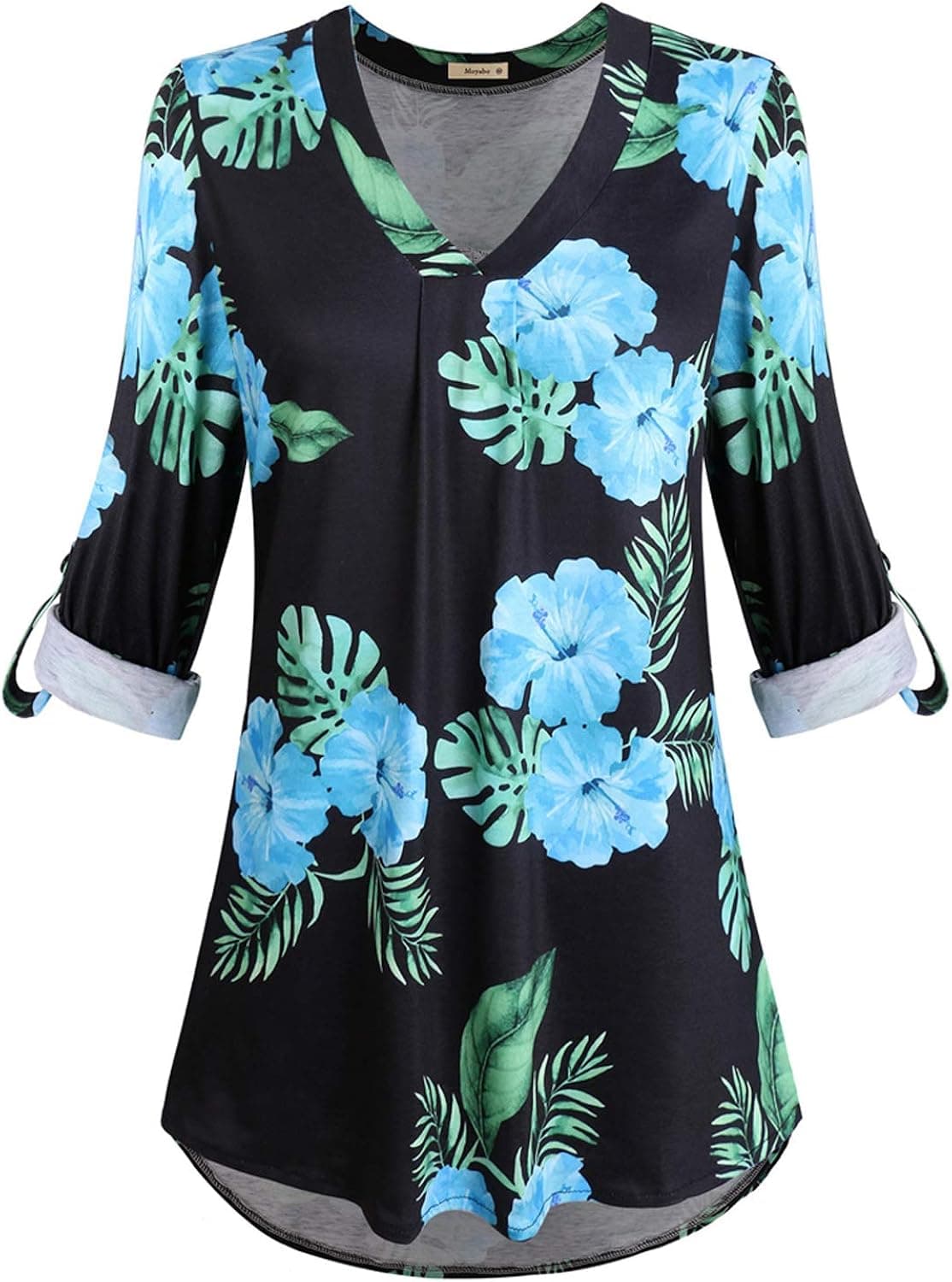 Women's Casual 3/4 Cuffed Sleeve V Neck Floral Printed Tunic Blouse Shirt Tops