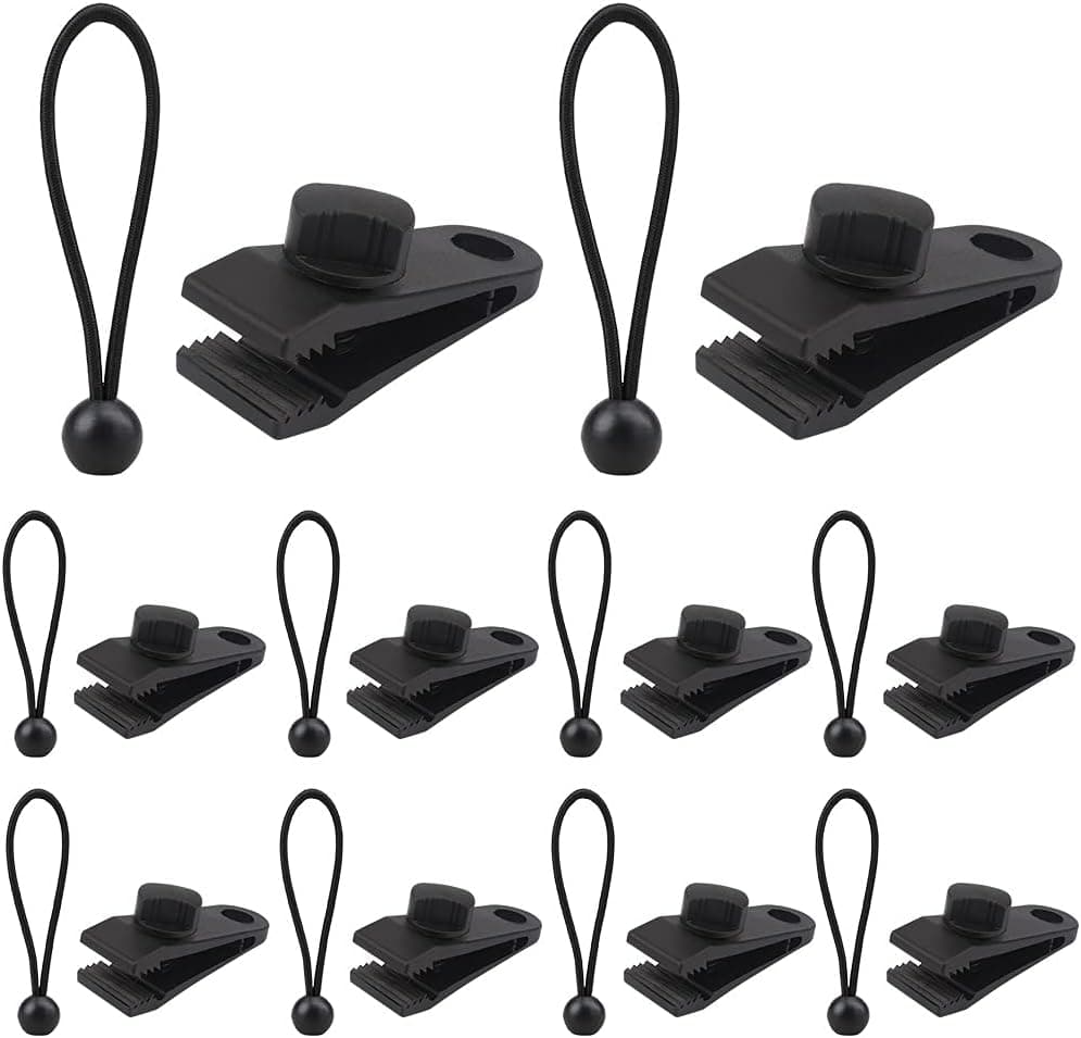 AOPRIE 10 Sets of Bungee Balls and Tarp Clips Black 6 Inches Ball Bungee Cord Heavy Duty Lock Grip Clamps Shark Fasteners Holder for Camping Tents Cargo Pool Awning Car Cover Holding Wire Hoses