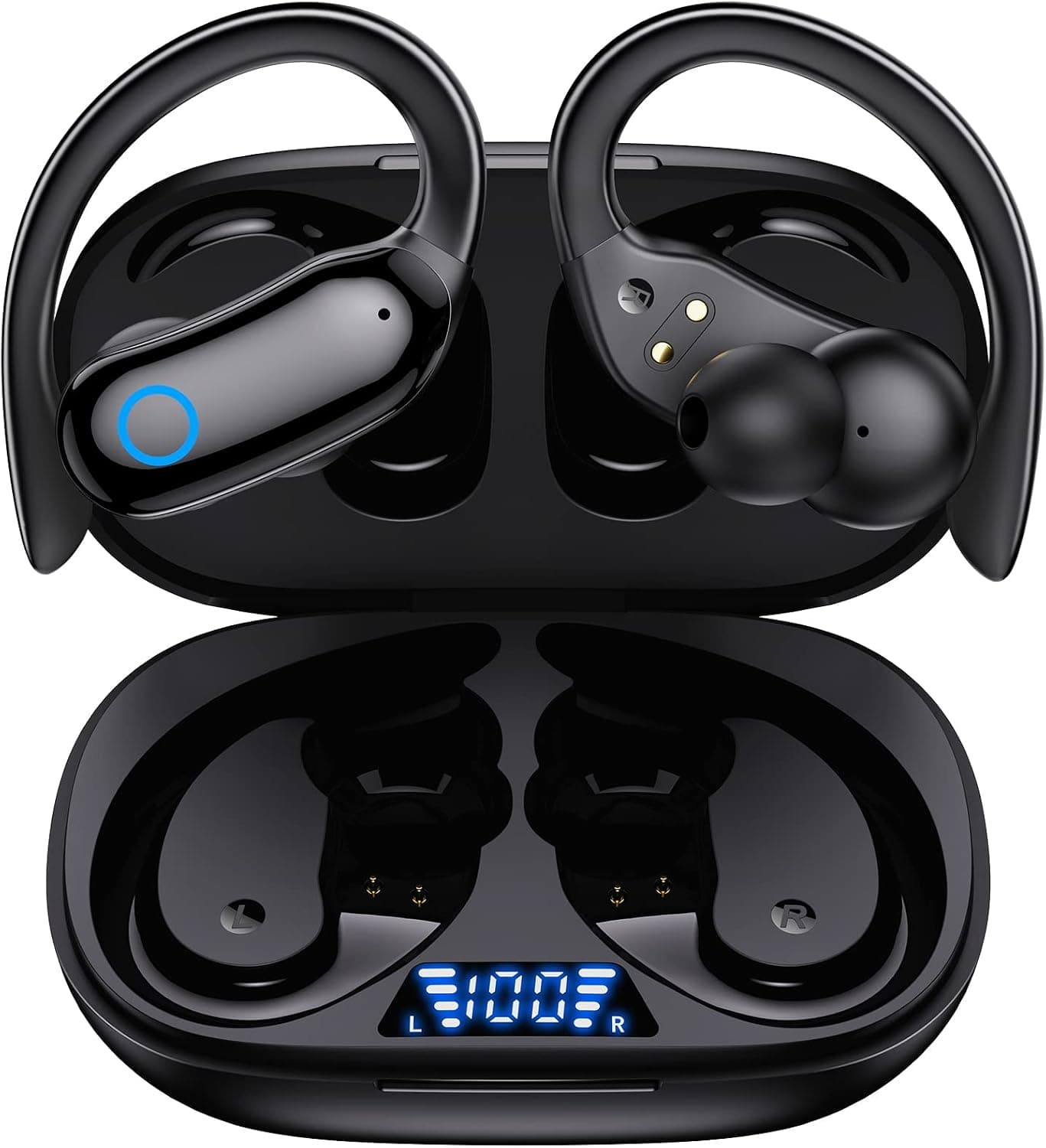 GNMN Bluetooth Headphones Wireless Earbuds 48hrs Playback IPX7 Waterproof Earphones Over-Ear Stereo Bass Headset with Earhooks Microphone LED Battery Display for Sports/Workout/Gym Black