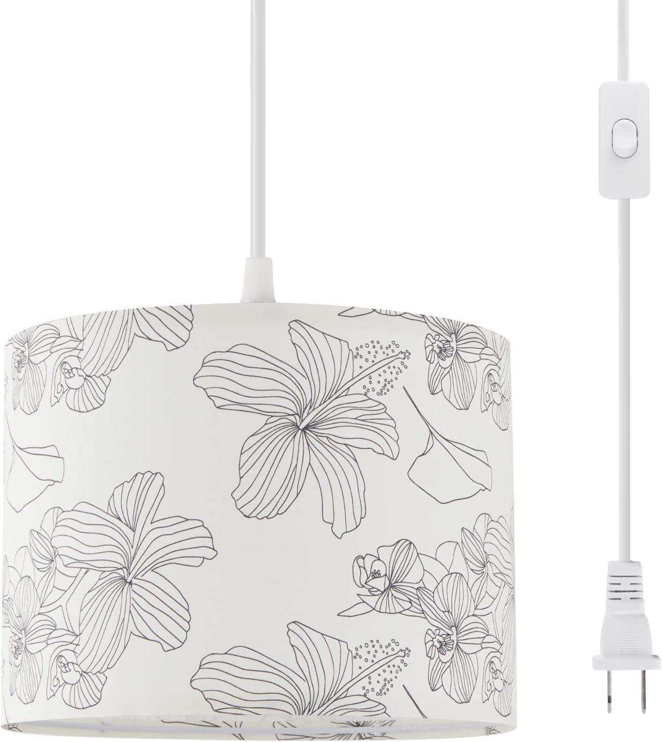 CCKZQYR Plug in Pendant Light, 15FT Hanging Light with Plug in Cord, On/Off Switch, Flower Fabric Shade, 3 Color Bulb Hanging Light Fixture for Bedroom, Living Room Dining