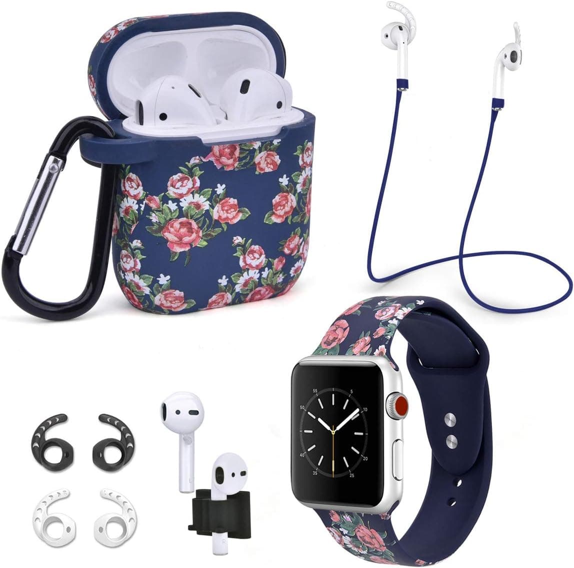 Airpods Case Compatible with Airpods 1 & 2 Protective Floral Print Silicone Cover/Airspo Band Compatible with Apple Watch Band 38mm 40mm 42mm 44mm (Navy Rose+42/44mm)