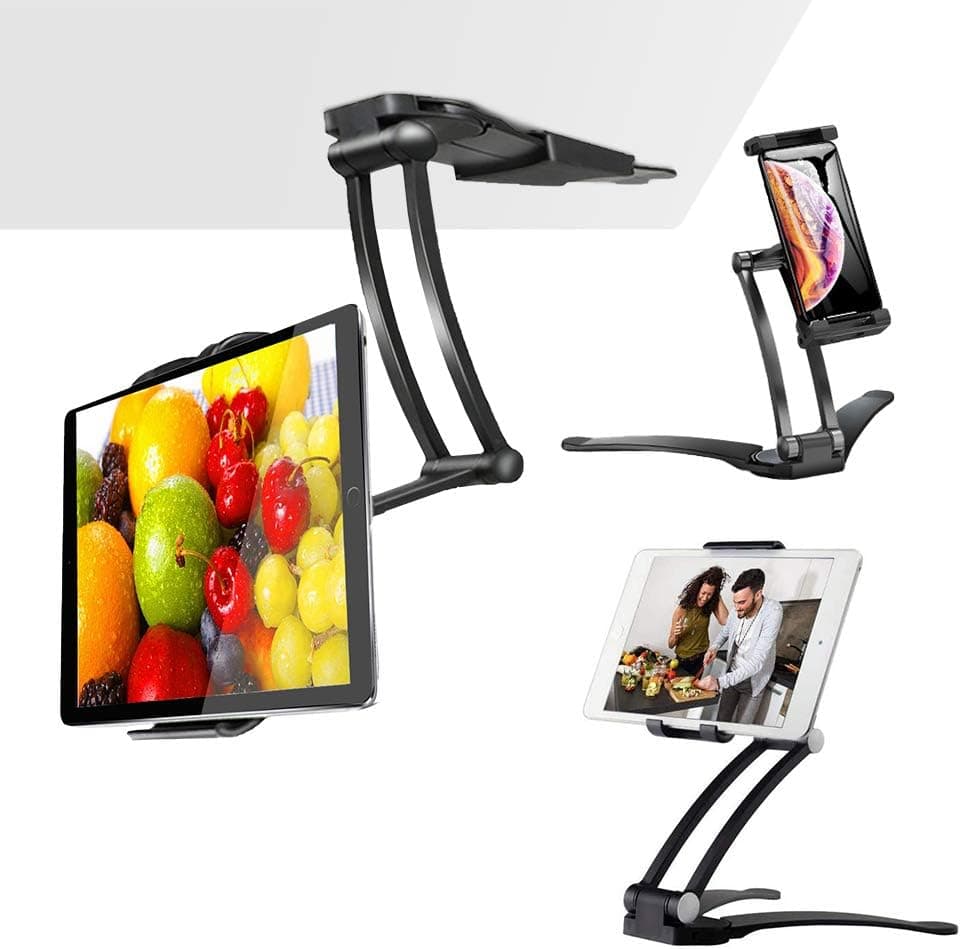 Kitchen Tablet Mount Stand, Wall Mount/Under Cabinet CounterTop Desktop Recipe Holder for 5"-12.9" Tablets iPad Pro 12.9/7/Air/Mini, Galaxy Tab S3 9.7, Surface Pro, Nintendo Switch, Black