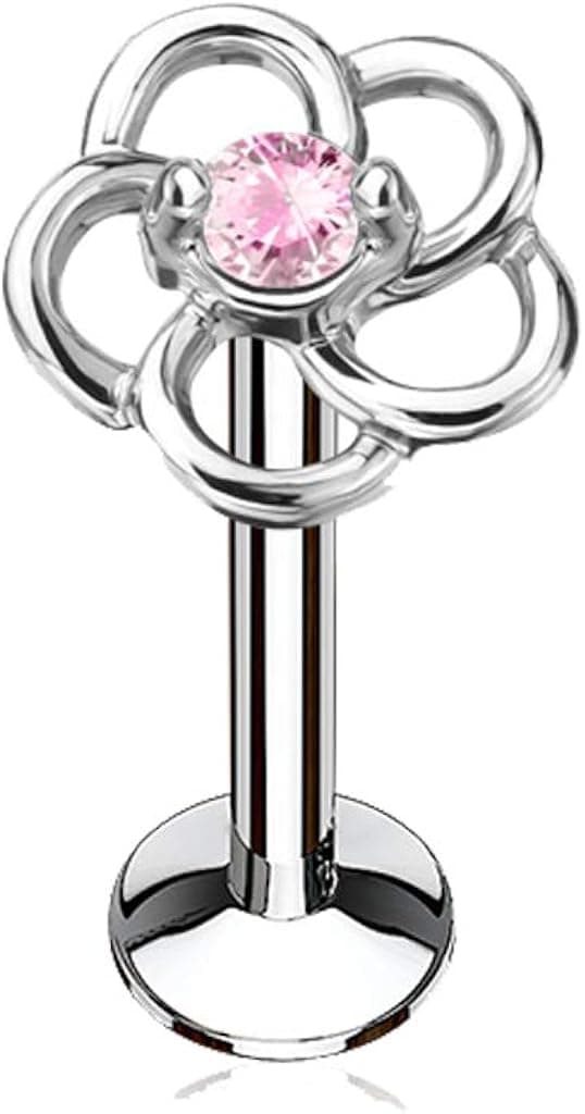 MoBody 16G CZ Centered Hollow Flower Top Labret Piercing Surgical Steel Internally Threaded Monroe Lip Ring Helix Earring