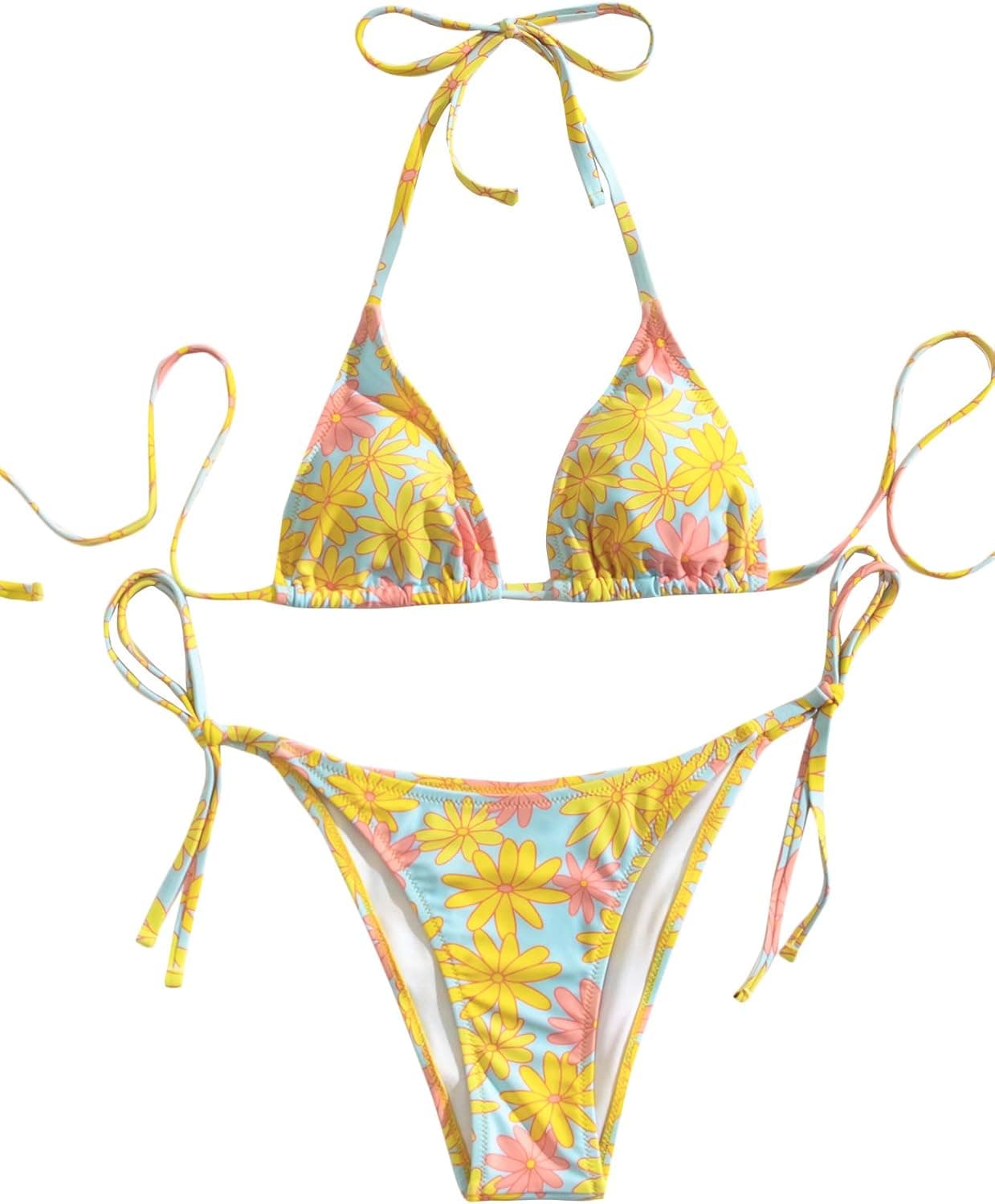 SOLY HUX Women's Floral Print 2 Piece Swimsuits Cute Bikini Set Halter Triangle Sexy Bathing Suit Blue Yellow S