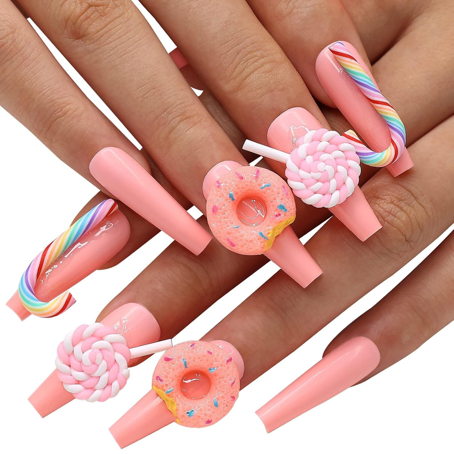 Kikmoya Extra Long Coffin Press on Nails Pink with 3D Candy Design 24pcs Acrylic False Nails Glossy Artificial Fake Nails Full Cover Nail Tips Stick on Nails for Women and Girls (Colorful Candy)