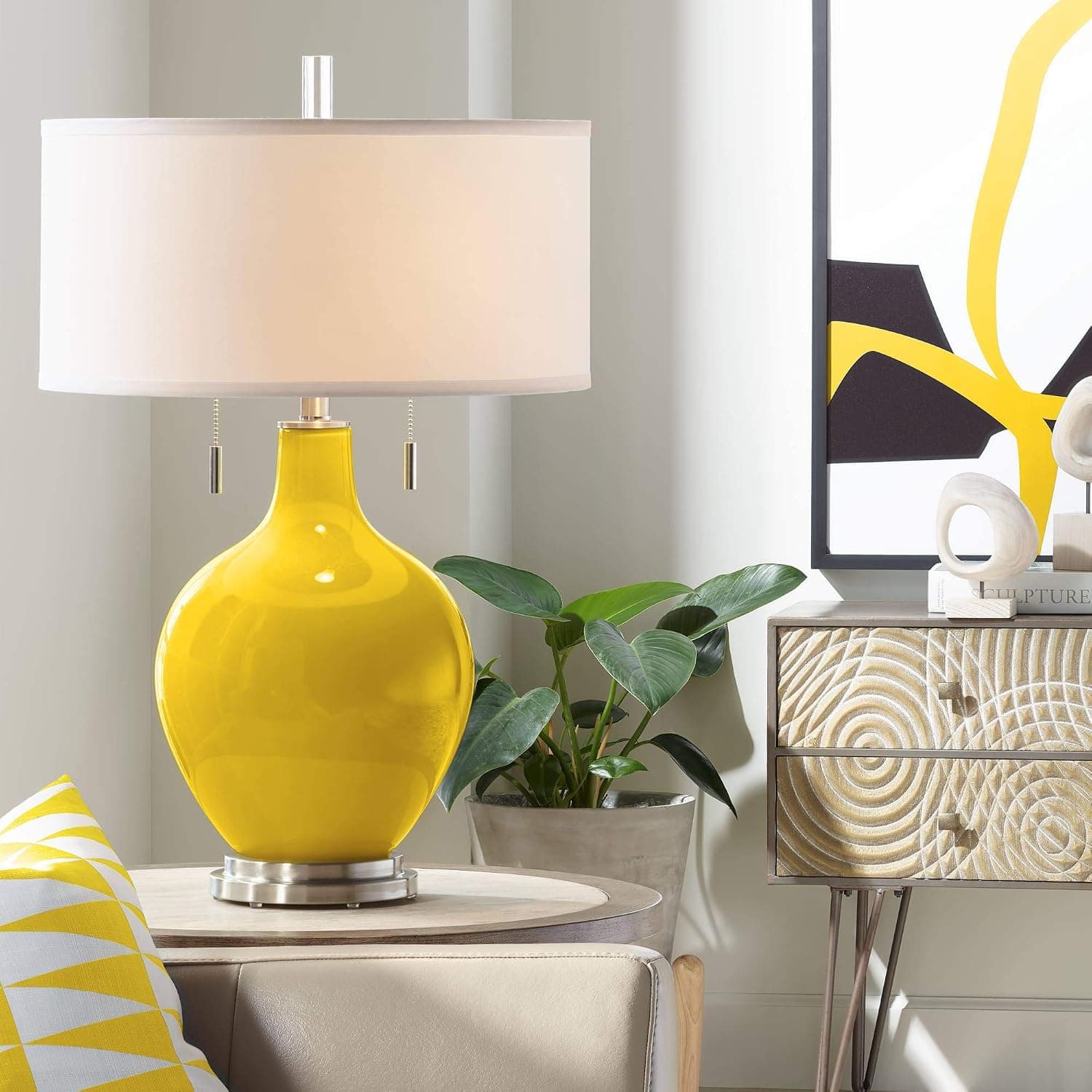Color + Plus Toby Modern Style Table Lamp 28" Tall Citrus Yellow Glass Gourd Plain White Drum Shade Decor for Bedroom Living Room House Home Bedside Nightstand Office Family Kids Entryway