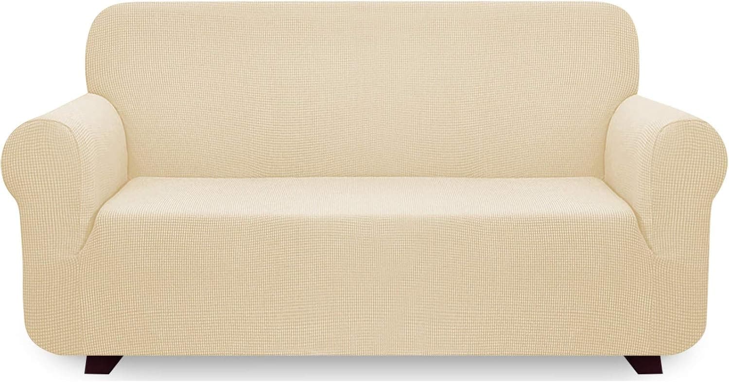 iCOVER Sofa Slipcover, Multiple Size One Piece High Stretch Couch Cover, Machine Washable Spandex Jacquard Fabric, Bottom Elastic Non-Slip Easy to Install, Large Sofa, Ivory