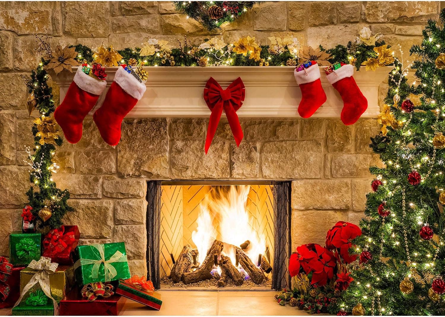 Haboke 10x8ft Soft Wrinkle Free Fabric Christmas Fireplace Theme Backdrop for Photography Tree Sock Gift Decorations for Xmas Party Supplies Photo Background Pictures Banner Studio Decor Booth Props