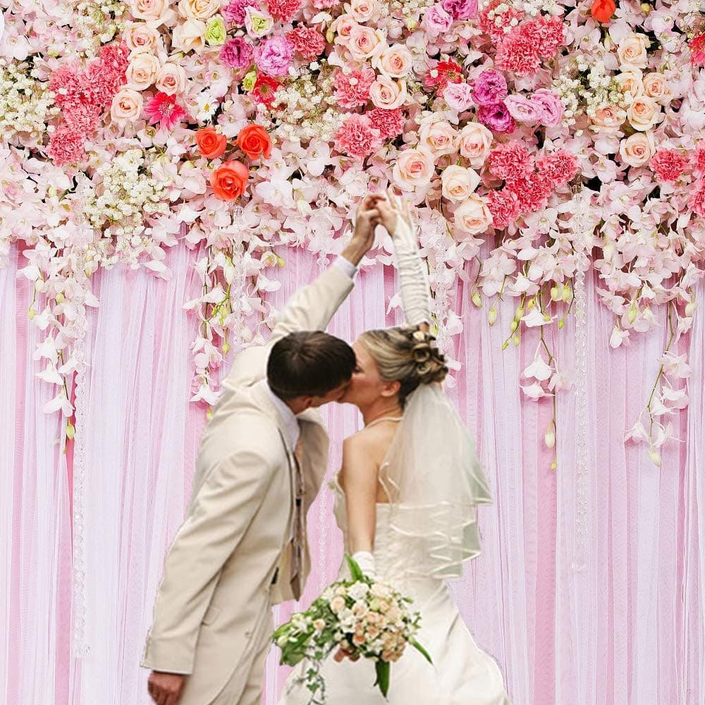 Flowers Theme Photography Backdrops Pink Curtain Background Weeding Bridal Shower Photo Studio Props for Girls Birthday Party Kids Children Baby Shower BT-flower003-6x6FT