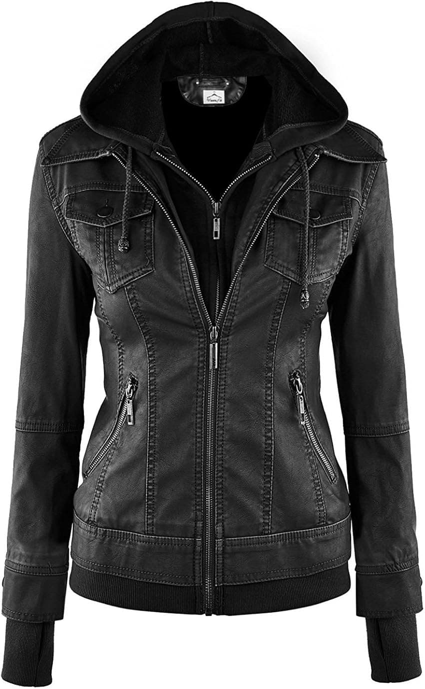 VearFit Women's Sparteens Real Leather Jacket Bomber Removable Hood for Women