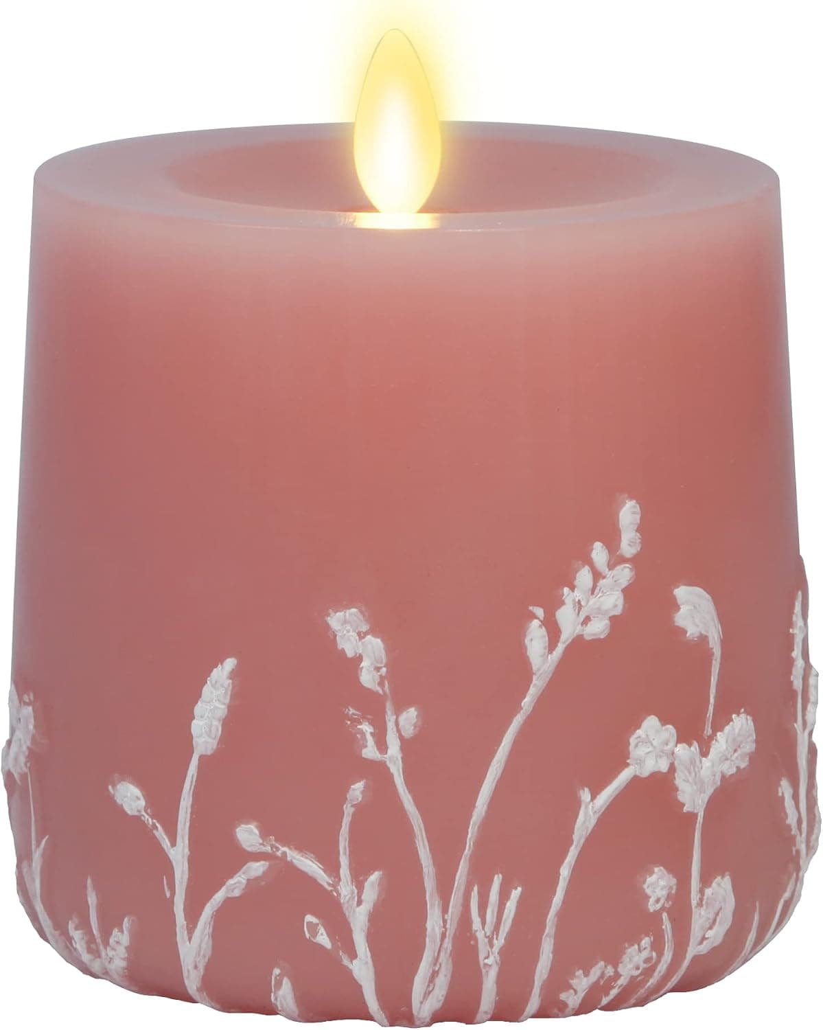Luminara Flameless Moving Flame Candle Goblet LED Pillar 4" x 4.5" Embossed Floral Printed Unscented Real Wax, Recessed Edge Timer and Remote Ready (Rose Tan)