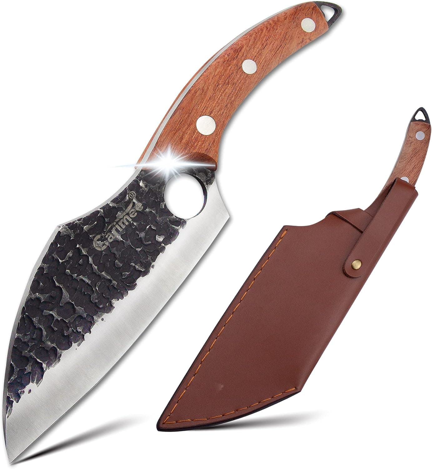 Small Meat Cleaver Japan Kitchen Chef Huusk Knife, Forged Boning Knife with Sheath, Heavy Thick 9CrMoV18 High Carbon Stainless Steel Blade with Full Tang Wooden Handle