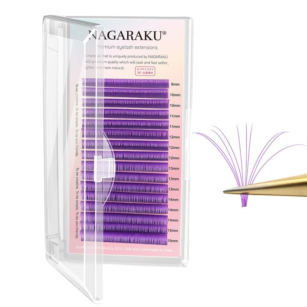 NAGARAKU Easy Fan Volume Eyelash Extensions Purple Color Lashes Supplies 0.07mm D curl Mix Tray 9-15mm Rapid Blooming Russian Volume Cluster Faux Mink Matte 16 rows