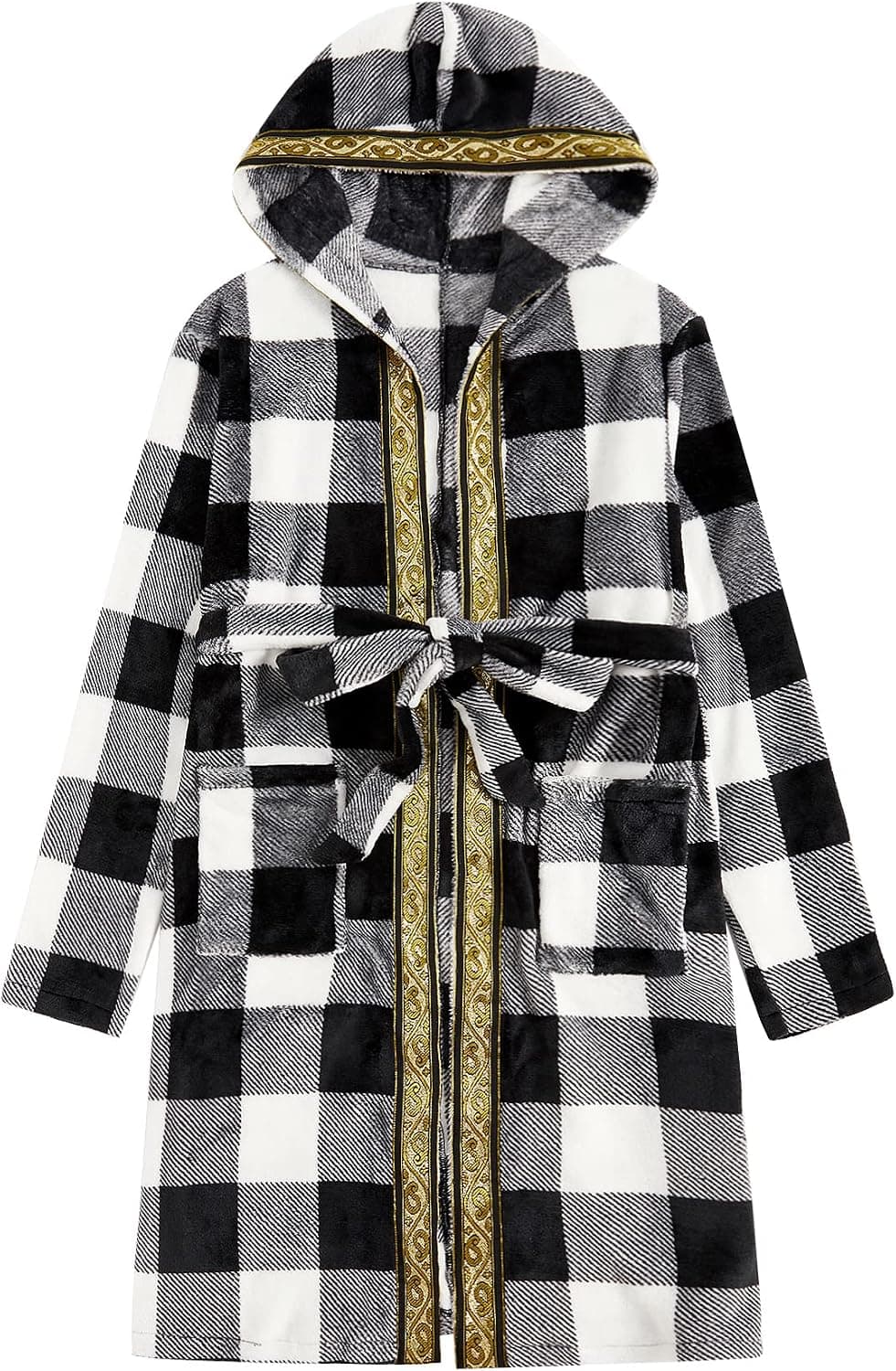 Romwe Men's Hooded Fleece Robe Greek Tape Panel Belted Bathrobe Spa Sleepwear
