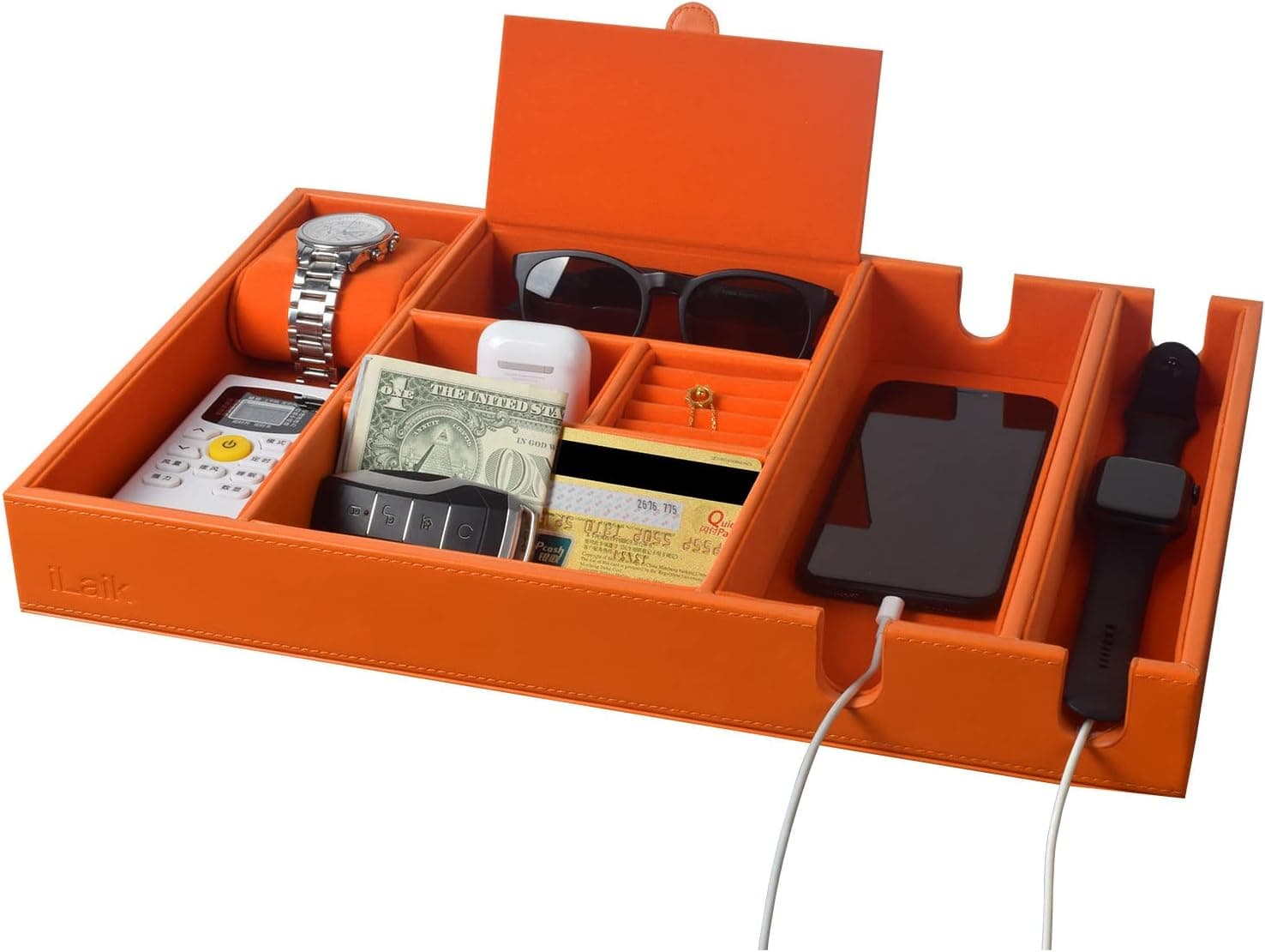 iLaik Valet Tray for Men, Nightstand Organizer, Dresser Top Organizer Tray for Accessories, Men Valet Tray Organizer, Phone, Keys, Watch, Smart Watch, Coins, 7 Compartments (Orange)