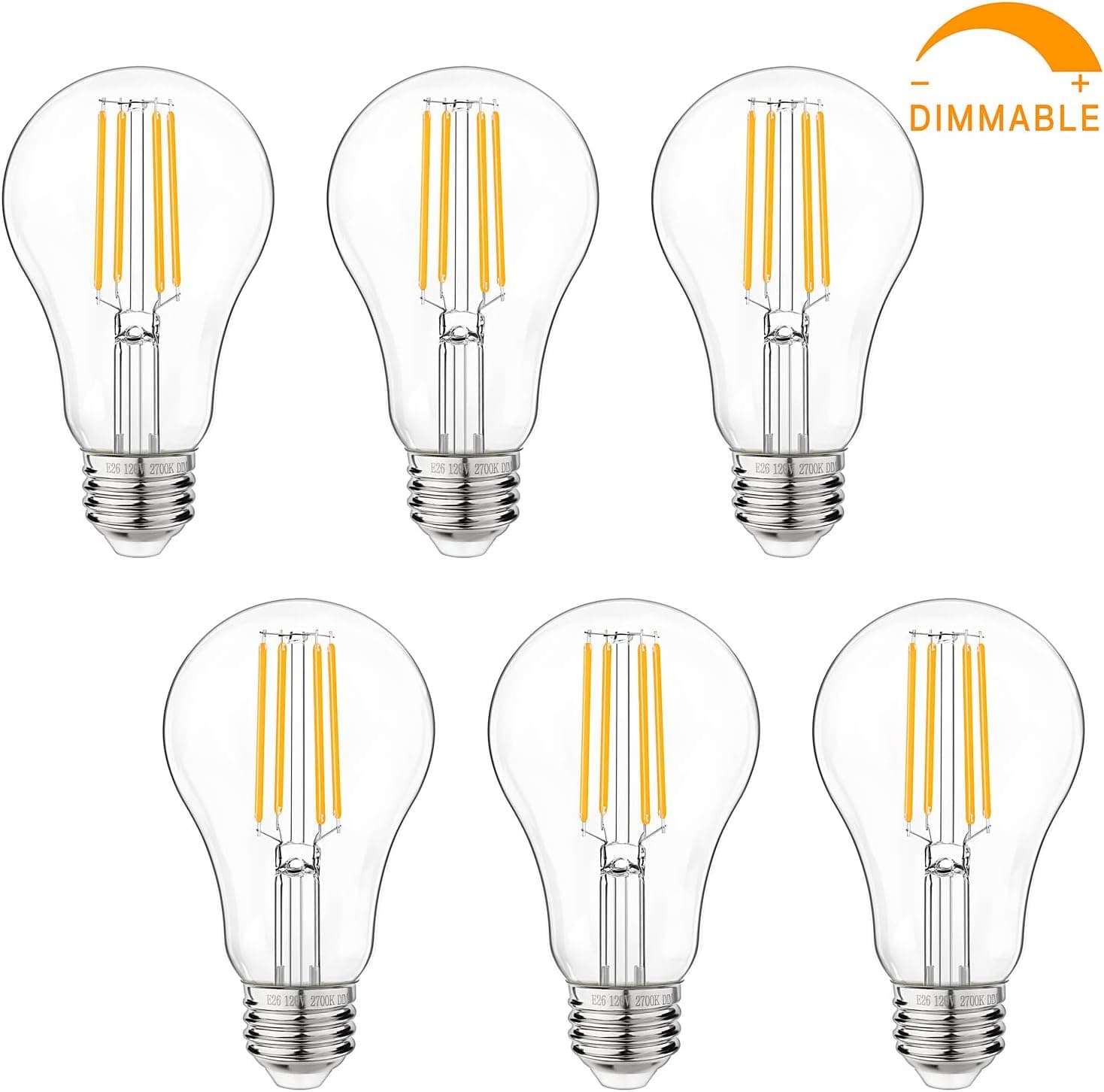 Dimmable LED Light Bulbs, 100W Equivalent Filament Edison Bulbs, A21 Vintage LED Blubs Warm White, Medium Screw Base (E26), 1100 Lumens, 6-Pack (2700K)