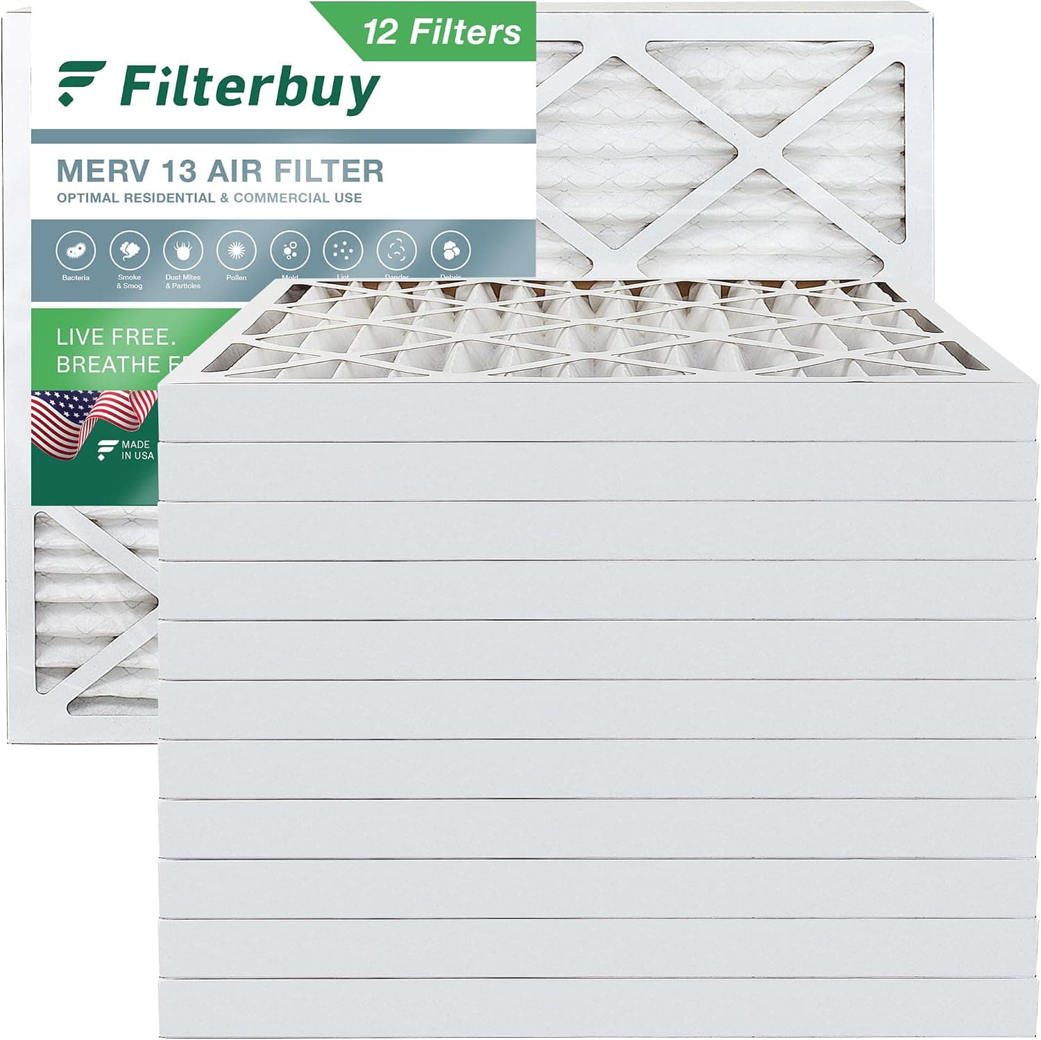 Filterbuy 20x25x2 Air Filter MERV 13 Optimal Defense (12-Pack), Pleated HVAC AC Furnace Air Filters Replacement (Actual Size: 19.50 x 24.50 x 1.75 Inches)