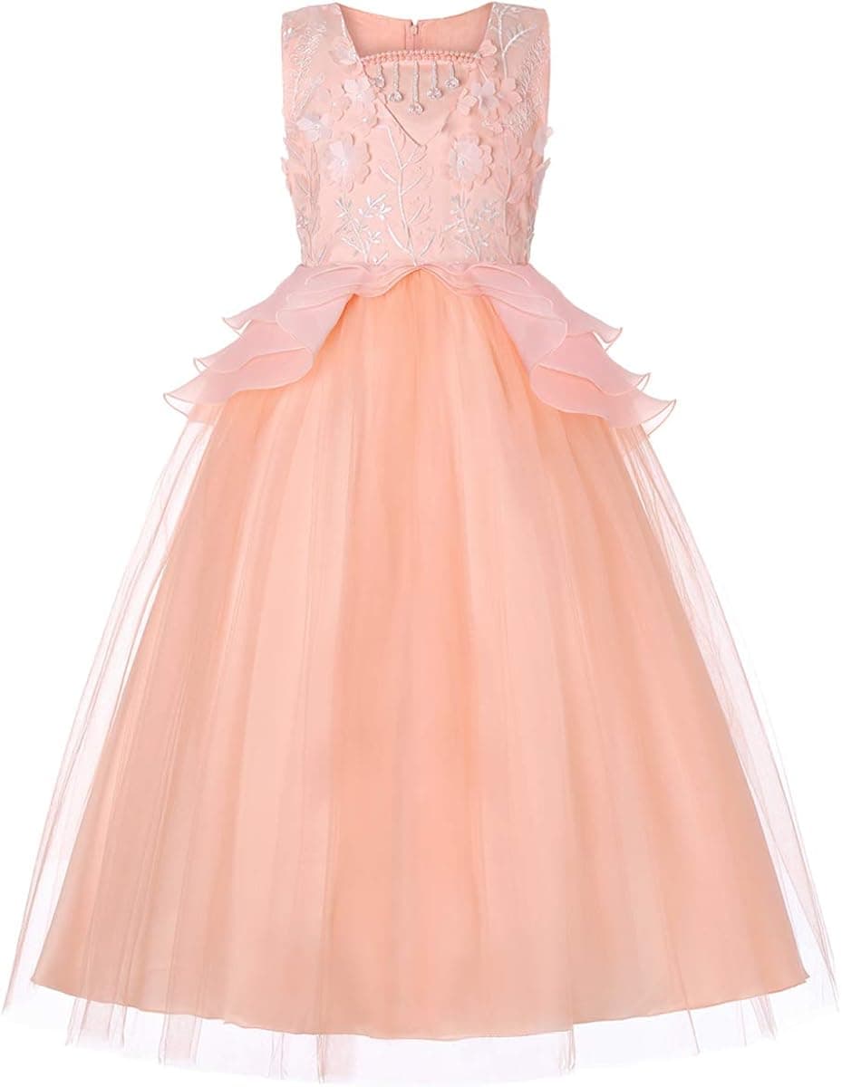 Little Big Girl Tulle Embroidery Princess Lace Dress for Kids Flower Party Fall Long Evening Dance Ball Gown