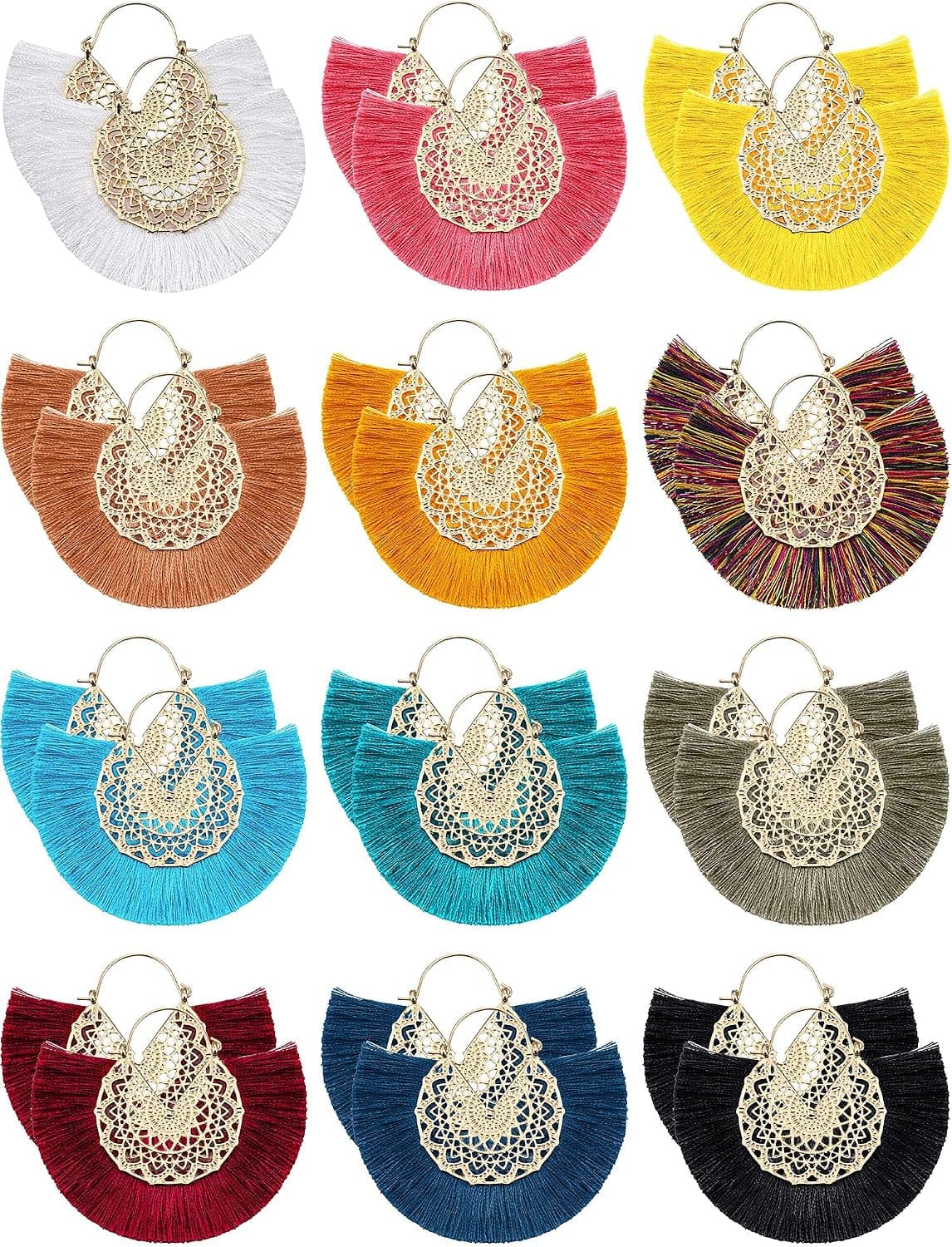 12 Pairs Statement Tassel Earrings Hoop Tassel Earrings Bohemian Geometric Handmade Earrings for Women Girls