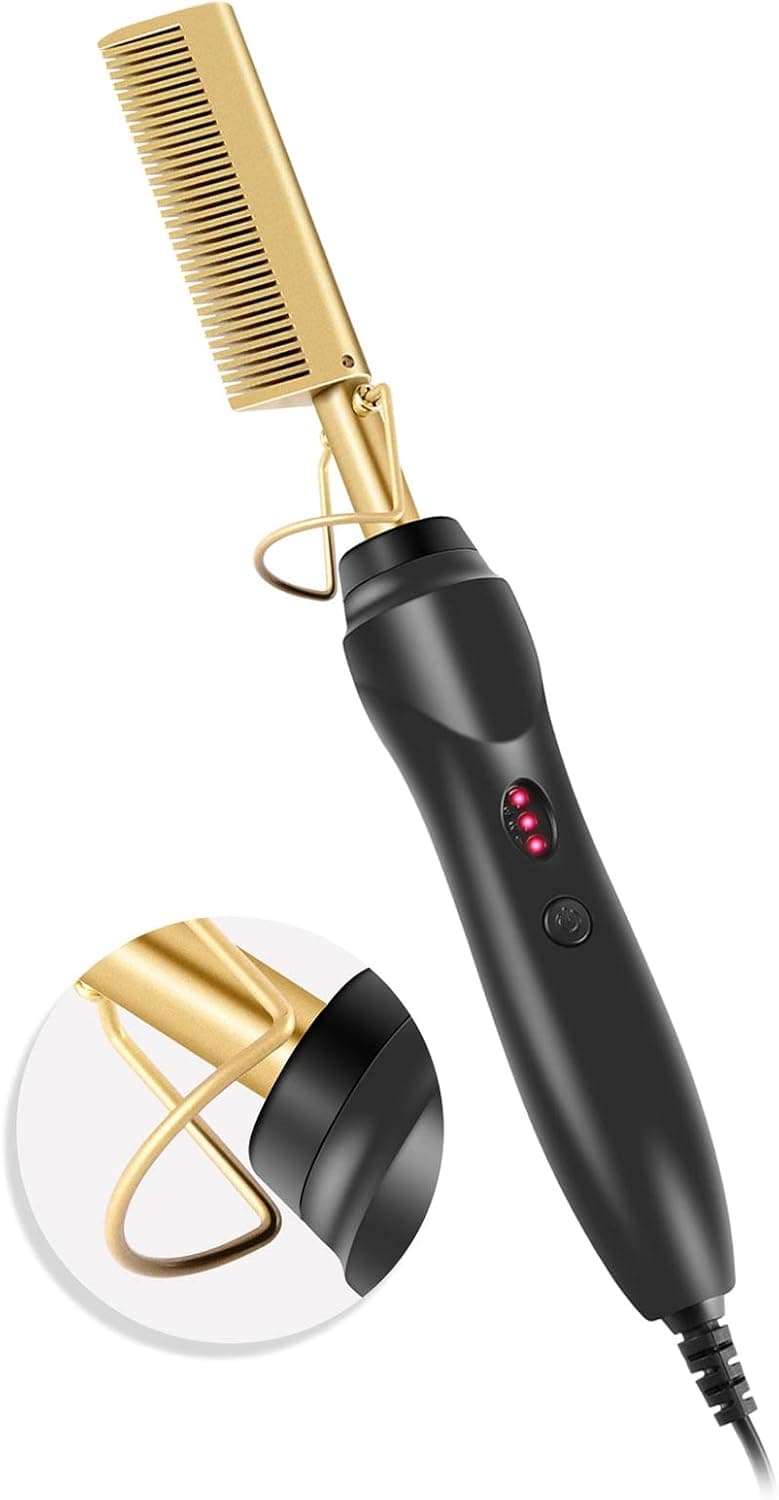 Hot Comb Hair Straightener Comb, Electric Heating Straighten Comb, Anti-Scald Pressing Heated Comb for Men, Wet and Dry Hair, Security Portable Curling Iron Comb for Women (Hot Comb-Brown)
