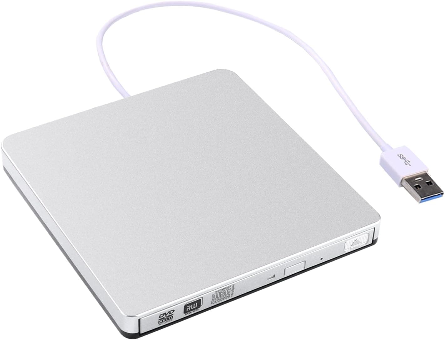 CIpotZIZ External CD DVD Drive Ultra-Slim USB 3.0 [Faster Data Transfer] External CD/DVD-RW Drive for Laptop and Desktop PC - Ideal for Mac, Windows and Linux OS –Silvery