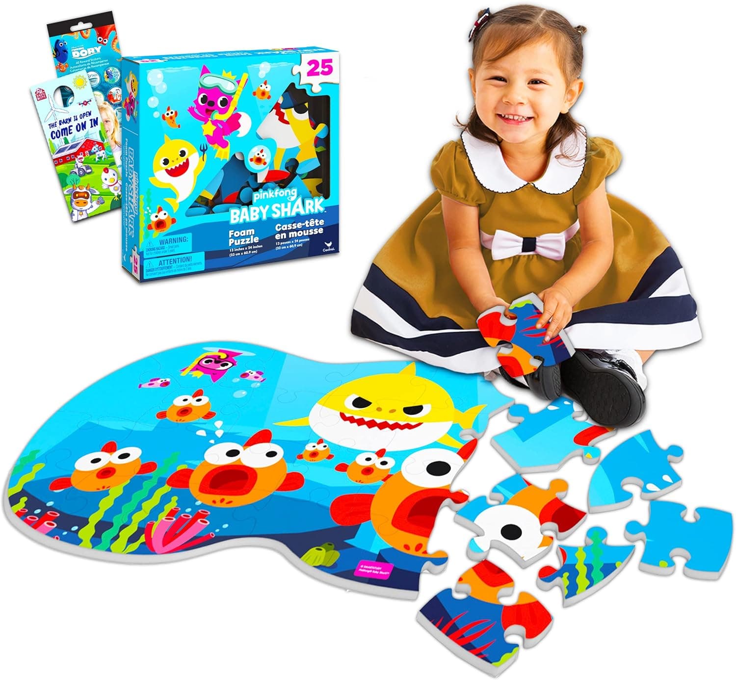 25-Piece Baby Shark Foam Floor Puzzle Bundle - Colorful Foam Puzzle with Stickers, More (Baby Shark Jigsaw Puzzles for Kids)