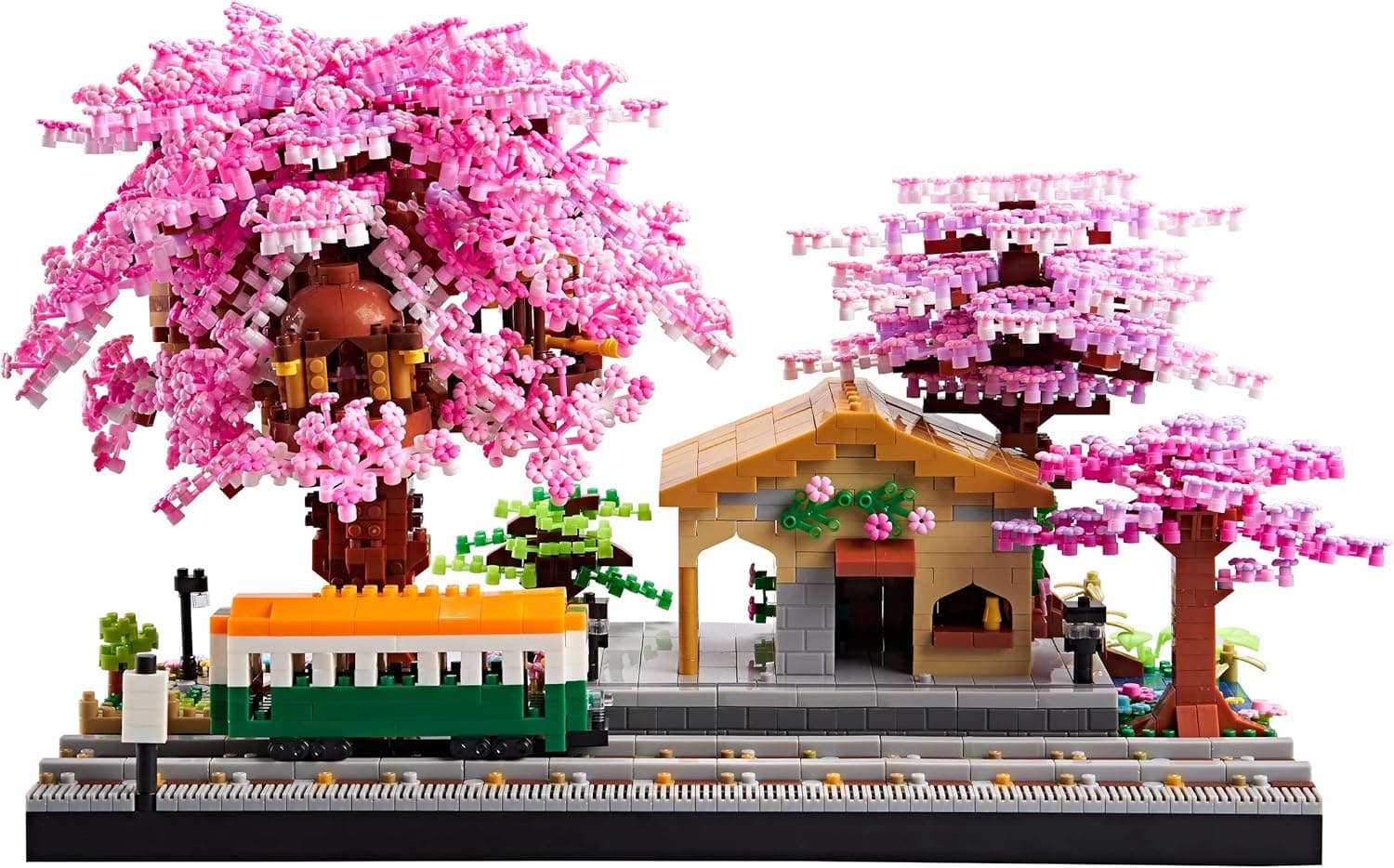 Kadablk Big Architecture,Japanese Sakura Tree Class Train Station Construction Set,Flower Tree House Building Block Model,3668PCS,Classical Micro Blocks Set,Cherry Blossom,Creator Blocks