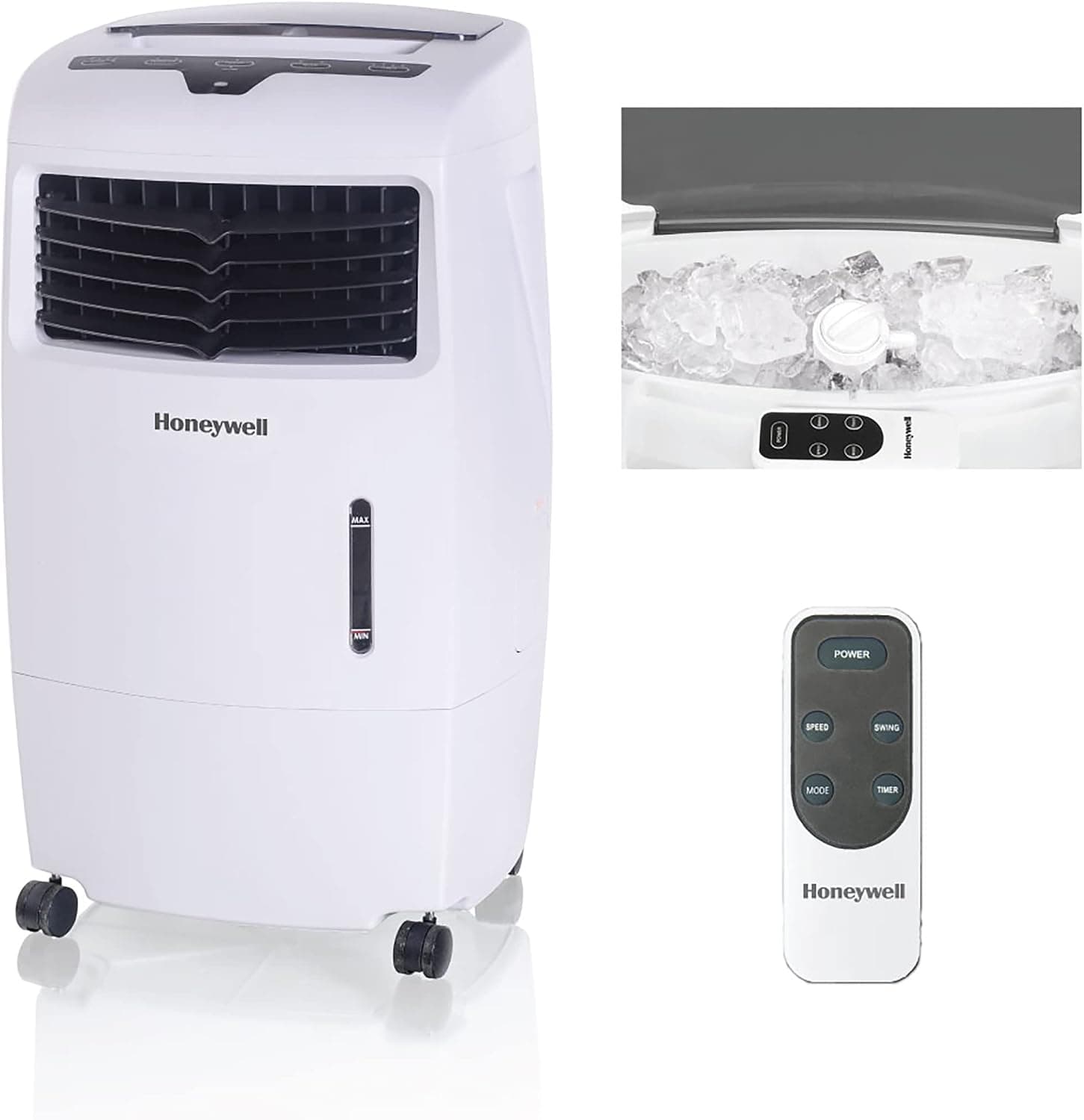 Honeywell 500 CFM Indoor Portable Evaporative Cooler for Rooms up to 300 Sq. Ft. with Fan & Humidifier, Carbon Dust Filter & Remote Control