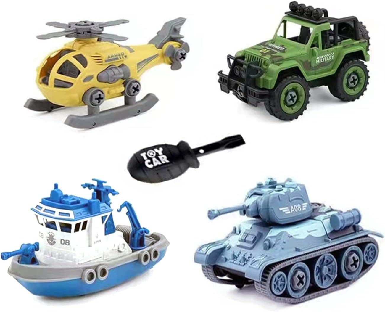KAMINRUN Take Apart Truck Toys ，4 Pack Friction Powered Cars Construction Vehicles Toy Set Drilling Rig, Loader, Excavator, Road Roller for Year Old Boy Girl Kid Gift