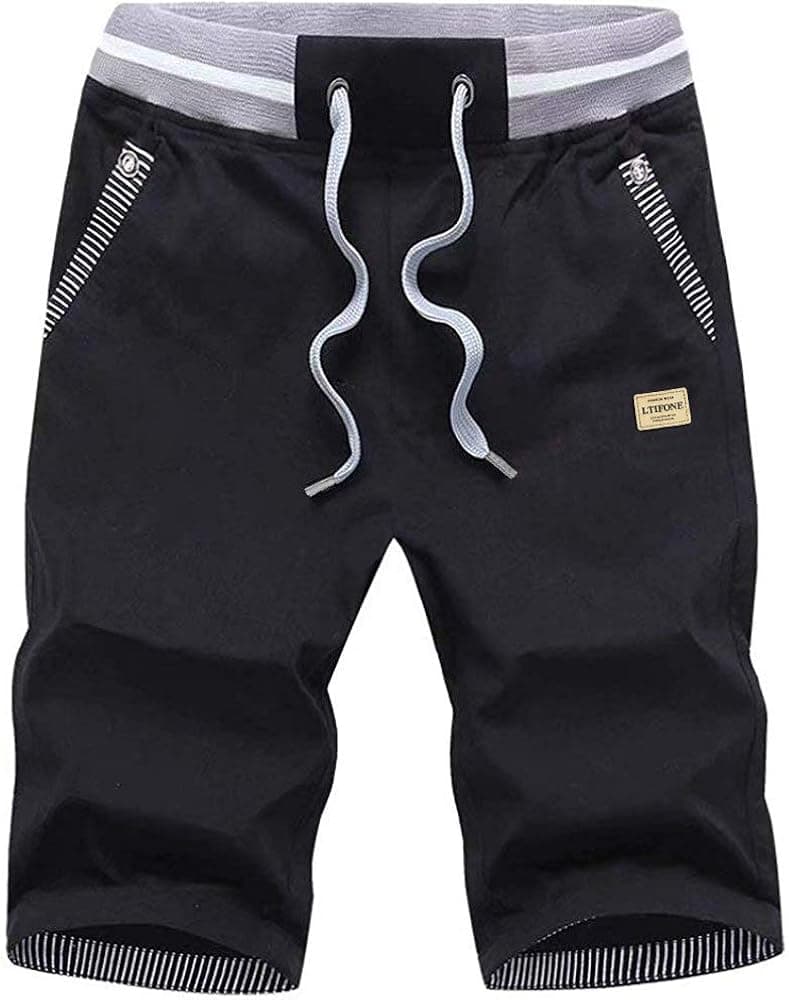LTIFONE Mens Casual Shorts Regular Classic Fit Cotton Drawstring Summer Beach Shorts, 9" Inseam with Elastic Waist and Pockets(Black，XXL)