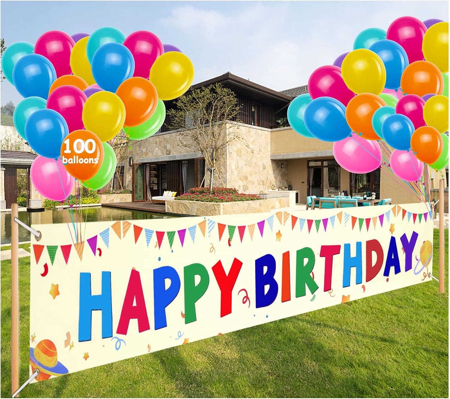 Large Colorful Happy Birthday Yard Banner Sign - 118" x 19.7" Happy Birthday Yard Party Banner with 100 Pcs Balloons Banner Birthday Decorations for Kids Birthday Party Decorations