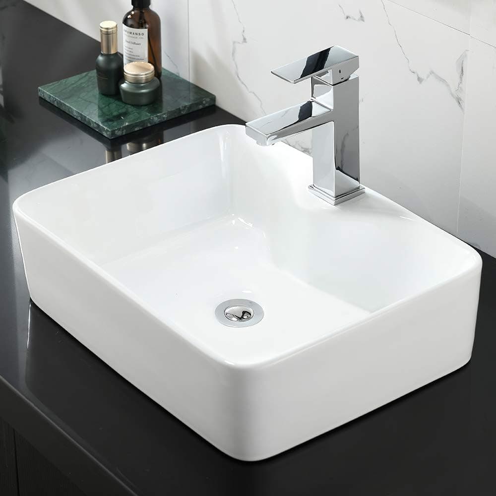Rectangle Bathroom Sink and Faucet Combo-WMXQX 19"x15" White Vessel Sink Above Counter Porcelain Ceramic Bathroom Vessel Vanity Sink Art Basin, Faucet Matching Pop Up