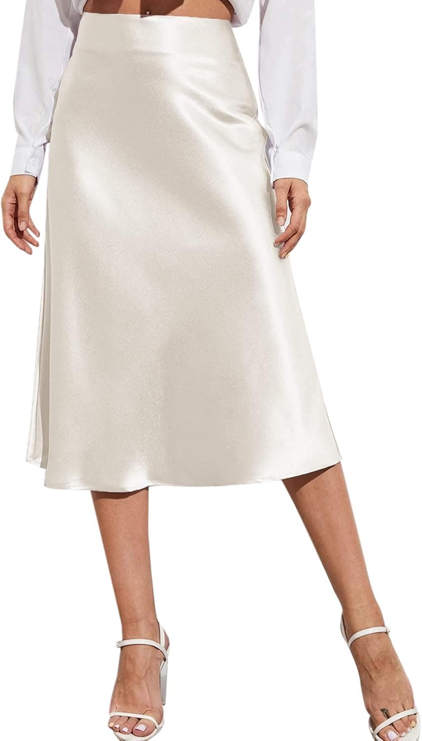 Zeagoo Womens Midi Skirt High Waisted Solid Satin Dress Zipper Elegant Work Skirts