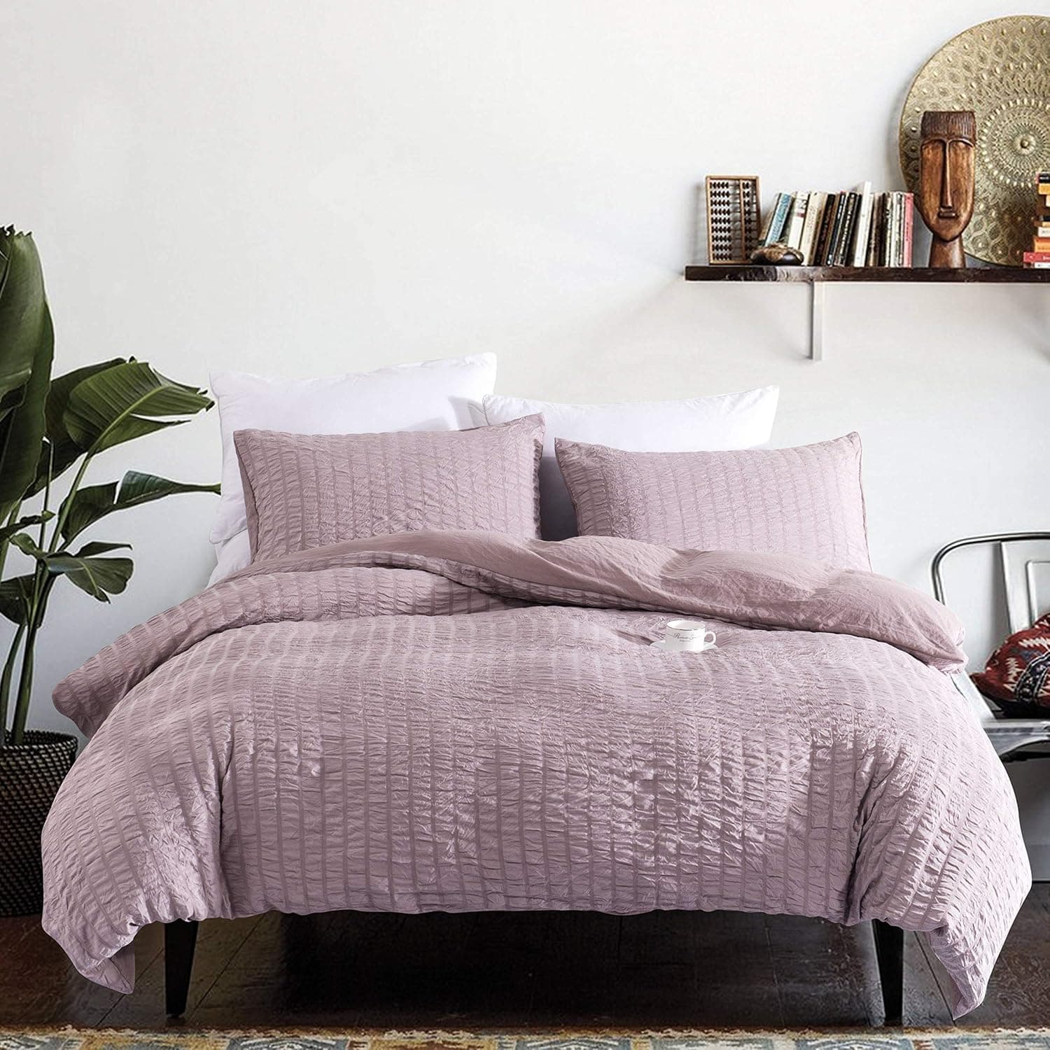 IKONICASA Pink Seersucker Duvet Cover Set Elegant Design Natural Style Soft Breathable Duvet Cover Easy Care Fast Dry with 2 Pillowcases, Bean Pastel Pink, 3 Piece Queen