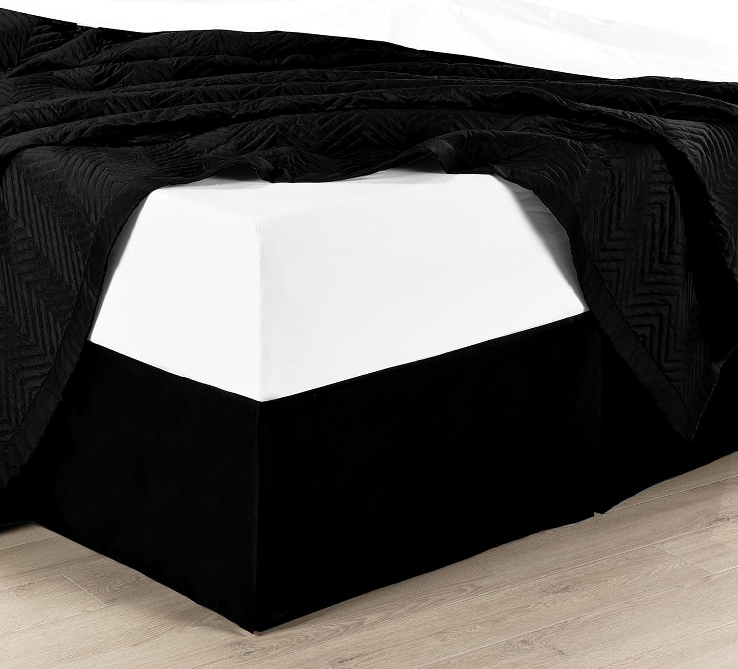 Cal-King Solid Black Cotton Bed-Skirt, Pleated Tailored Bed Skirt with 15" Drop, 300 TC, 100% Cotton