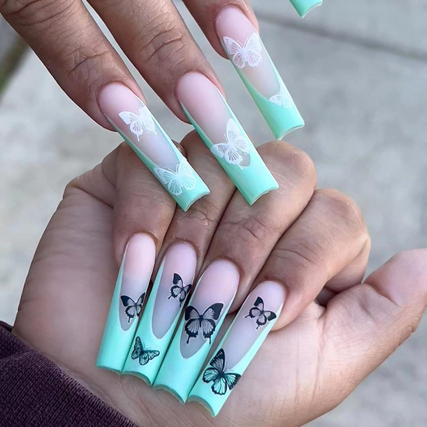 QINGGE Long Coffin Press on Nails French Fake Nails with Butterfly Design Green Glue on Acrylic Nails Matte Stick on Nails for Women