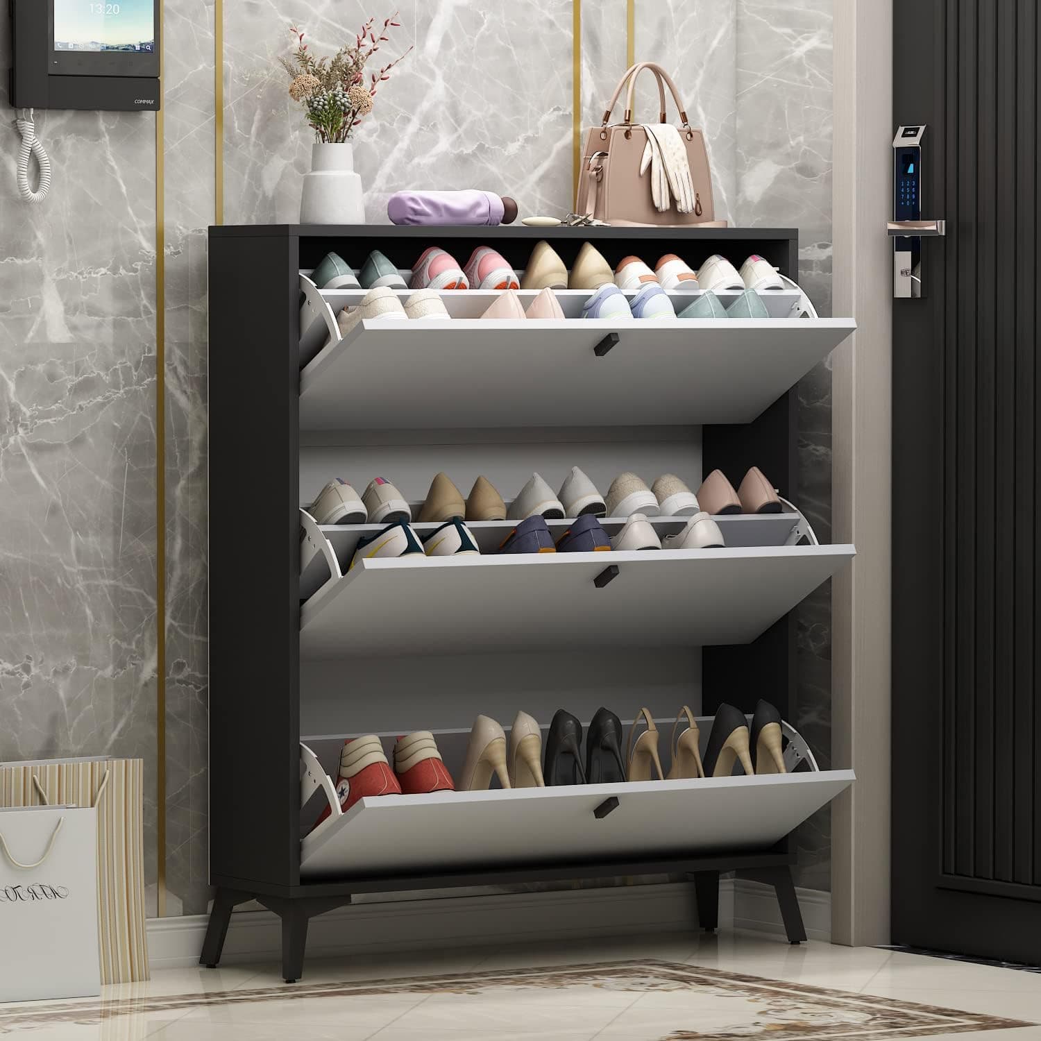 FUFU&GAGA Shoe Cabinet with 3 Flip Drawers for Entryway, Modern Shoe Storage Cabinet, Freestanding Shoe Rack Storage Organizer (Grey/Dark Grey, 35.4”W x 9.4”D x 47.2”H)