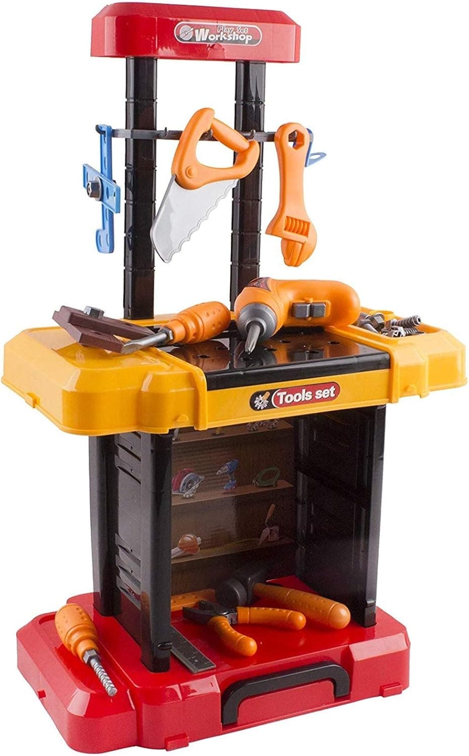 Toy Tool Kids 40 Piece Kit Construction Play Set Portable Working Fold-Able Work Bench Workshop With Drill Toy Tool Suitcase