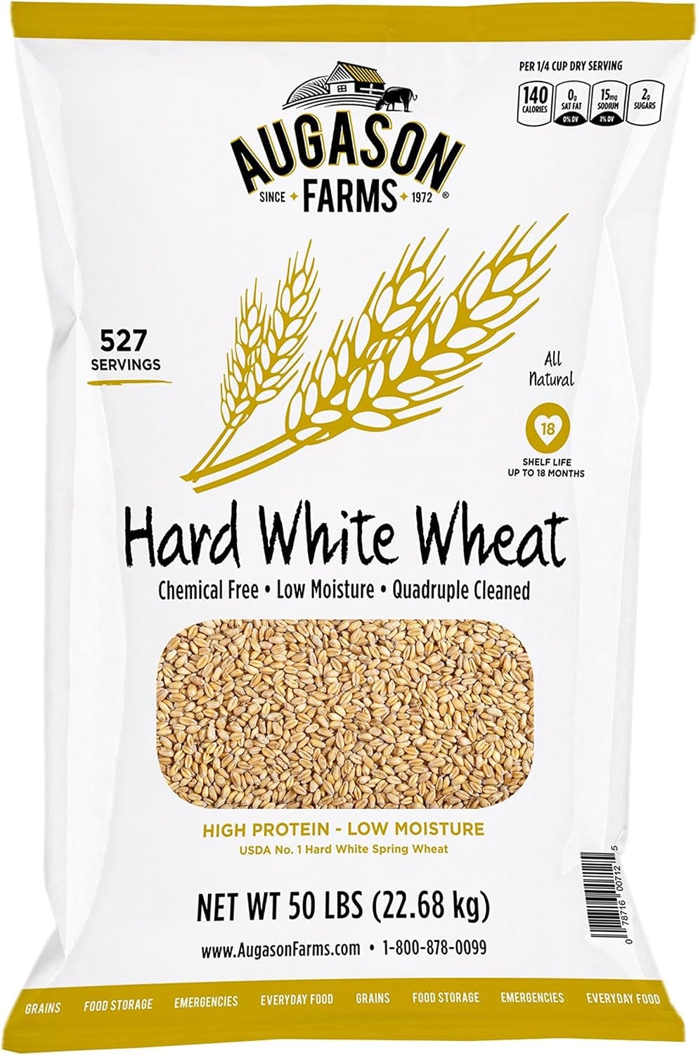 Augason Farms Hard White Wheat, 527 Servings, 18 Month Shelf Life, 50 Pound Bag
