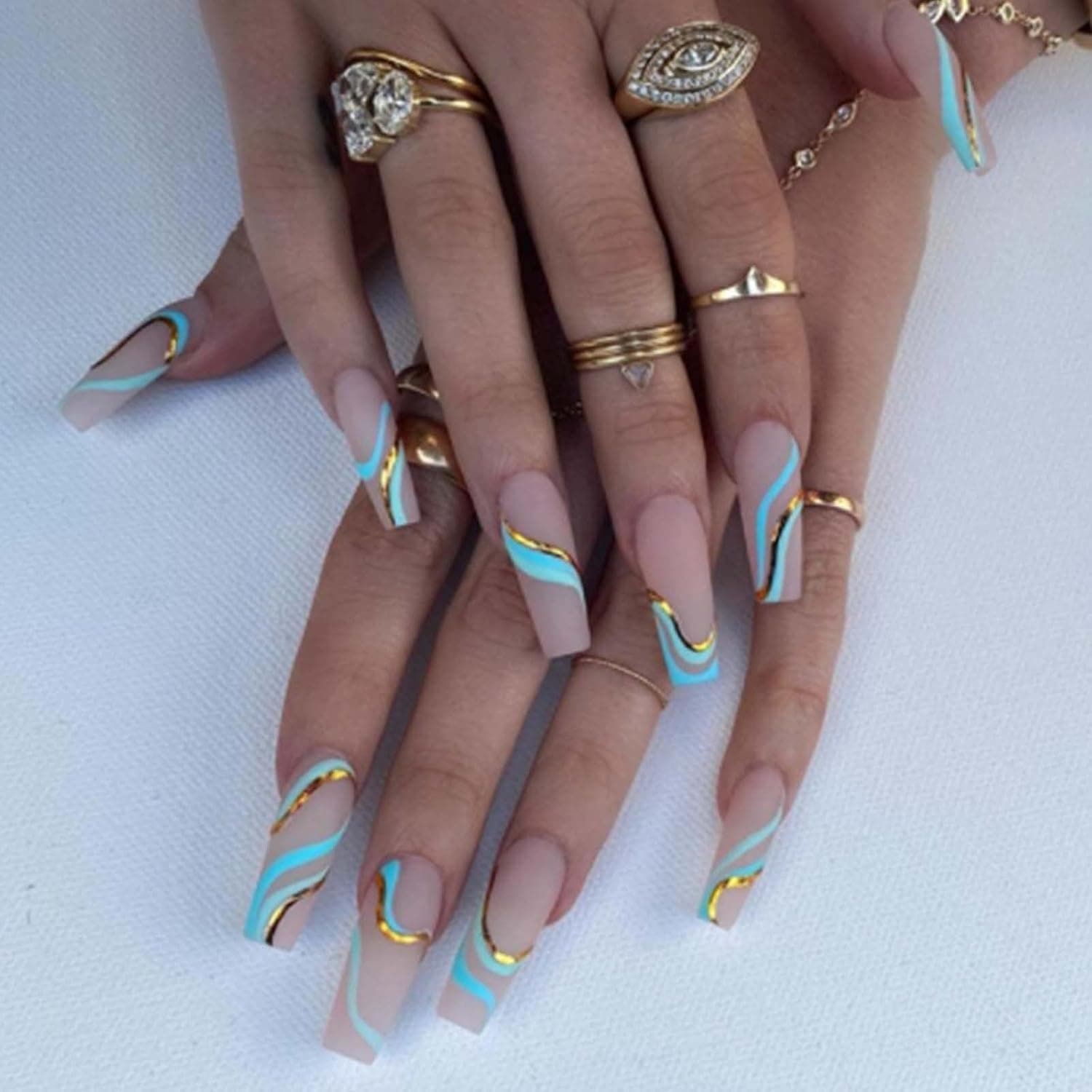 Kamize Extra Long Press on Nails Swirl Nude Fake Coffin Nails Tips Full Cover Acrylic False Nails for Women and Girls24PCS
