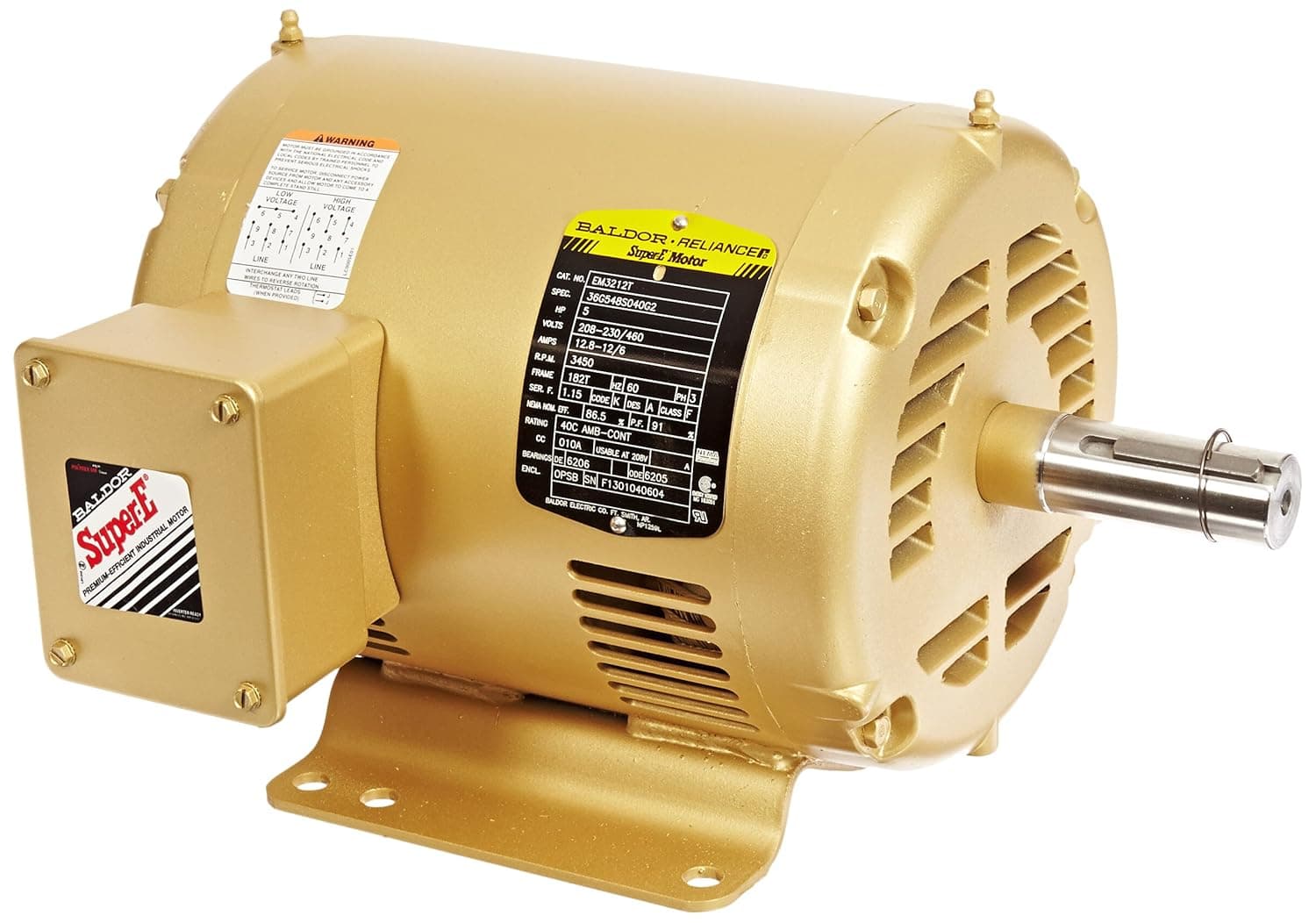Baldor EM3212T General Purpose AC Motor, 3 Phase, 182T Frame, OPSB Enclosure, 5Hp Output, 3450rpm, 60Hz, 208-230/460V Voltage